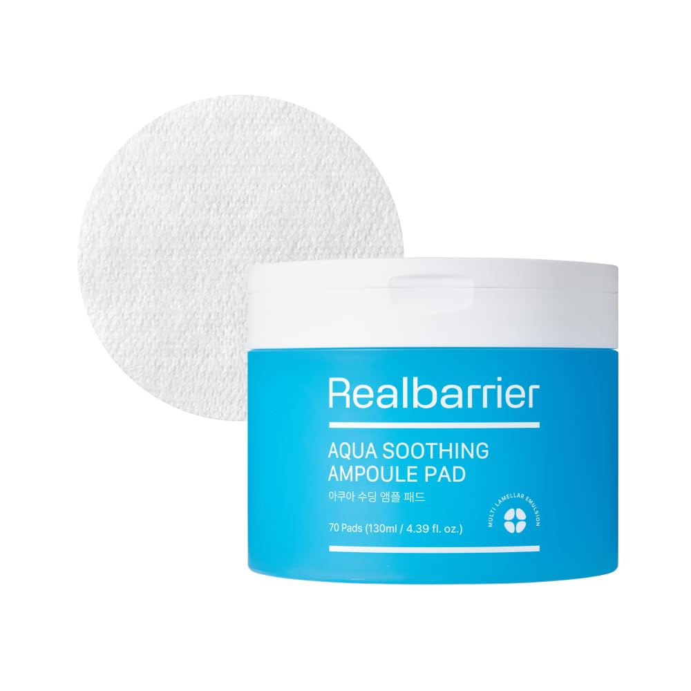 Real Barrier Aqua Soothing Ampoule Pad - 70 Pads | Cooling Facial Mask for Redness Relief & Skin Barrier Repair | Hydrating Face Moisturizer with Hyaluronic Acid | Korean Skincare for Sensitive & Dry Skin | Perfect for Post-Sun Care & Daily Soothing Routine