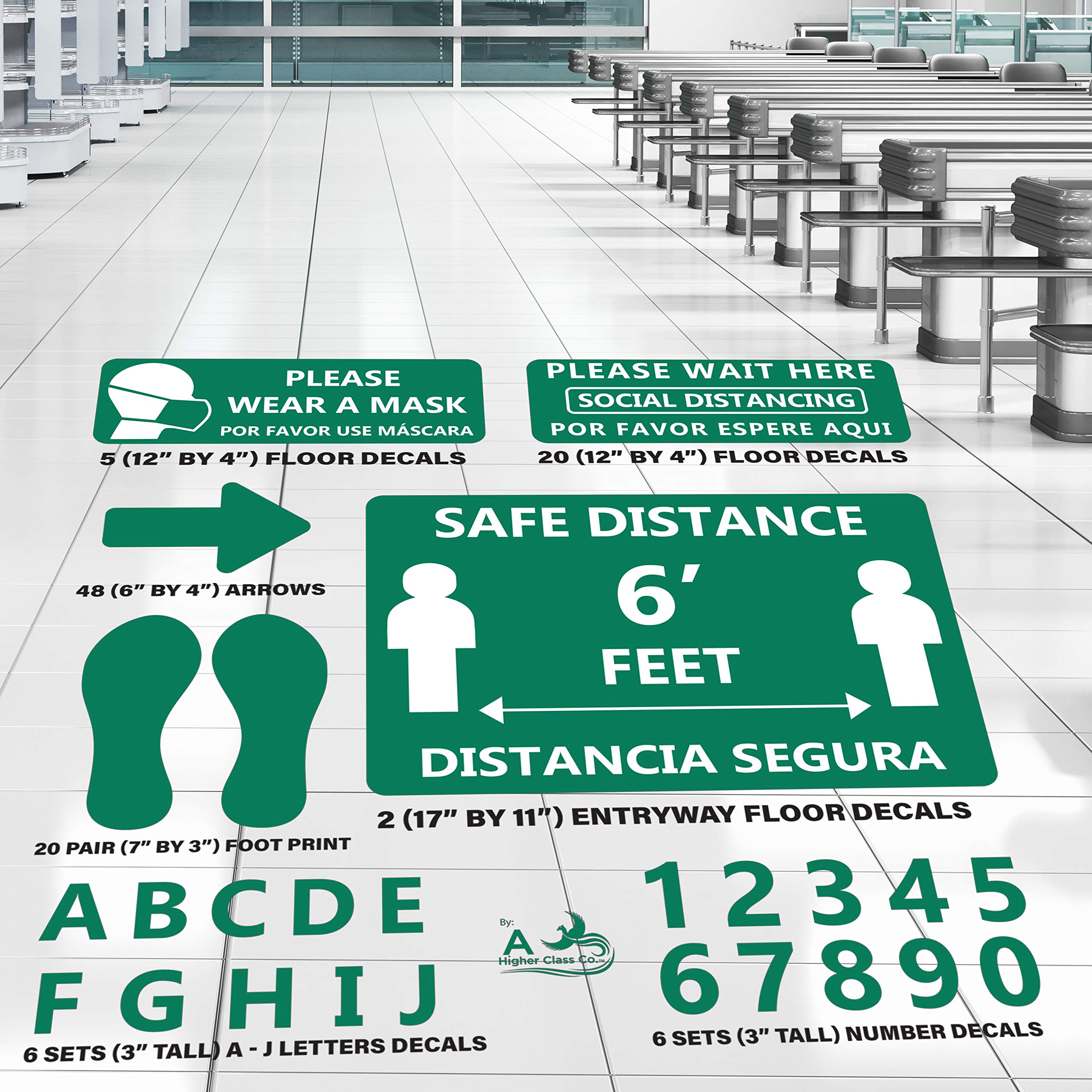 170-Pack Bilingual English & Spanish Social Distancing Floor Stickers - 6 Feet Spacing Lines & Checkout Markers - Durable Vinyl Decals for Hospitals, Clinics & Retail Stores (Green) - Ideal for COVID Safety in Waiting Areas & Checkout Lines