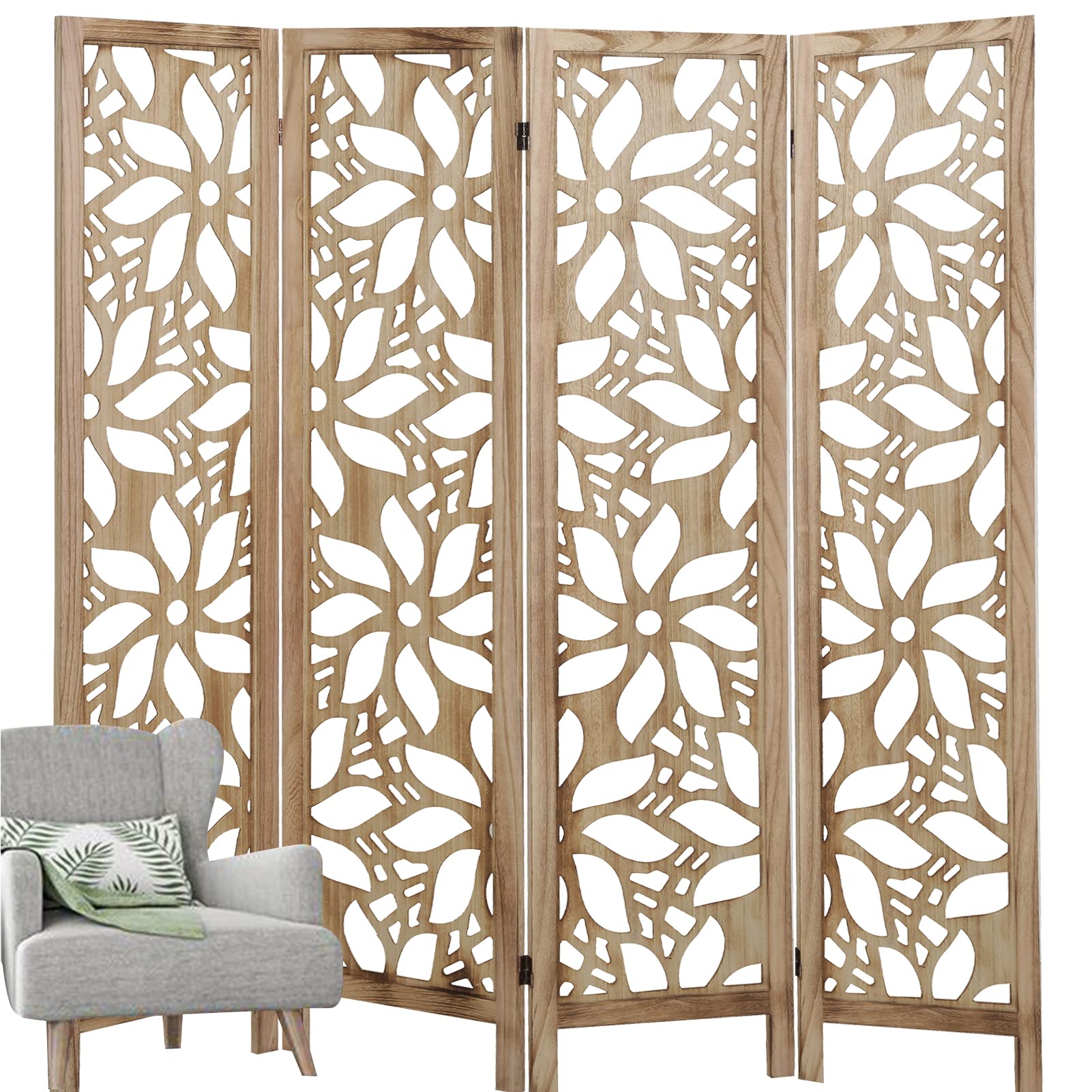 4 Panel Wooden Room Divider 6Ft - Folding Privacy Screen for Home, Office, Restaurant & Bedroom - Natural Finish | Perfect for Space Partition, Room Separation & Privacy Protection