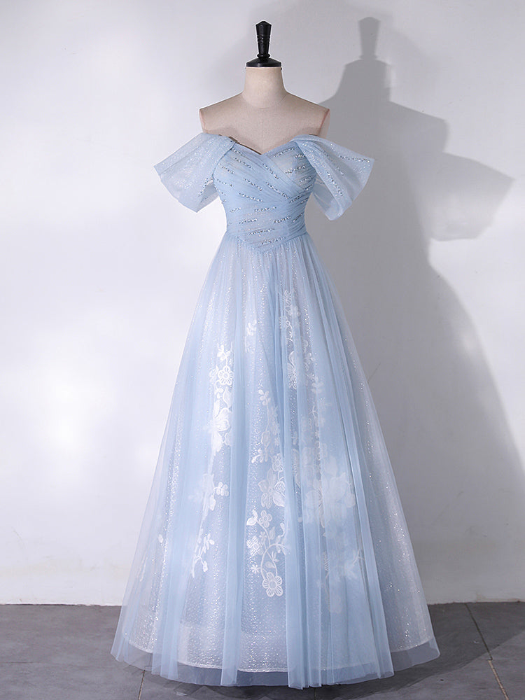Elegant Off Shoulder A-Line Tulle Lace Blue Long Prom Dress - Formal Evening Gown for Homecoming, Ball, Wedding & Special Occasions