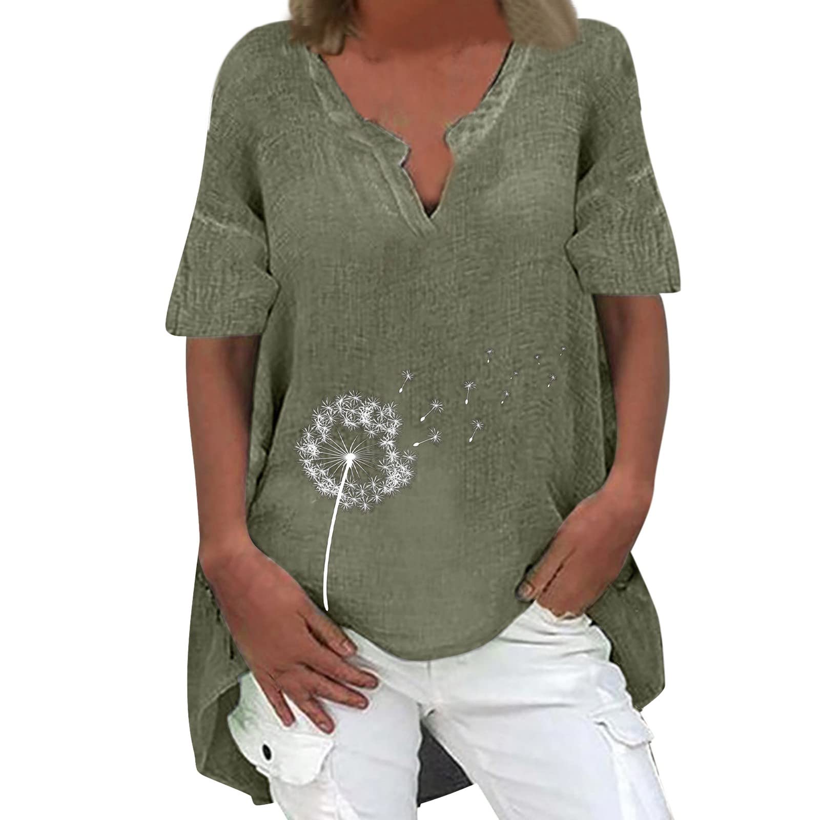 UOKNICE Women's Floral Print V-Neck T-Shirt - Soft Cotton Linen Blend Short Sleeve Top for Casual & Dressy Summer Outfits | Perfect for Beach, Office & Date Night