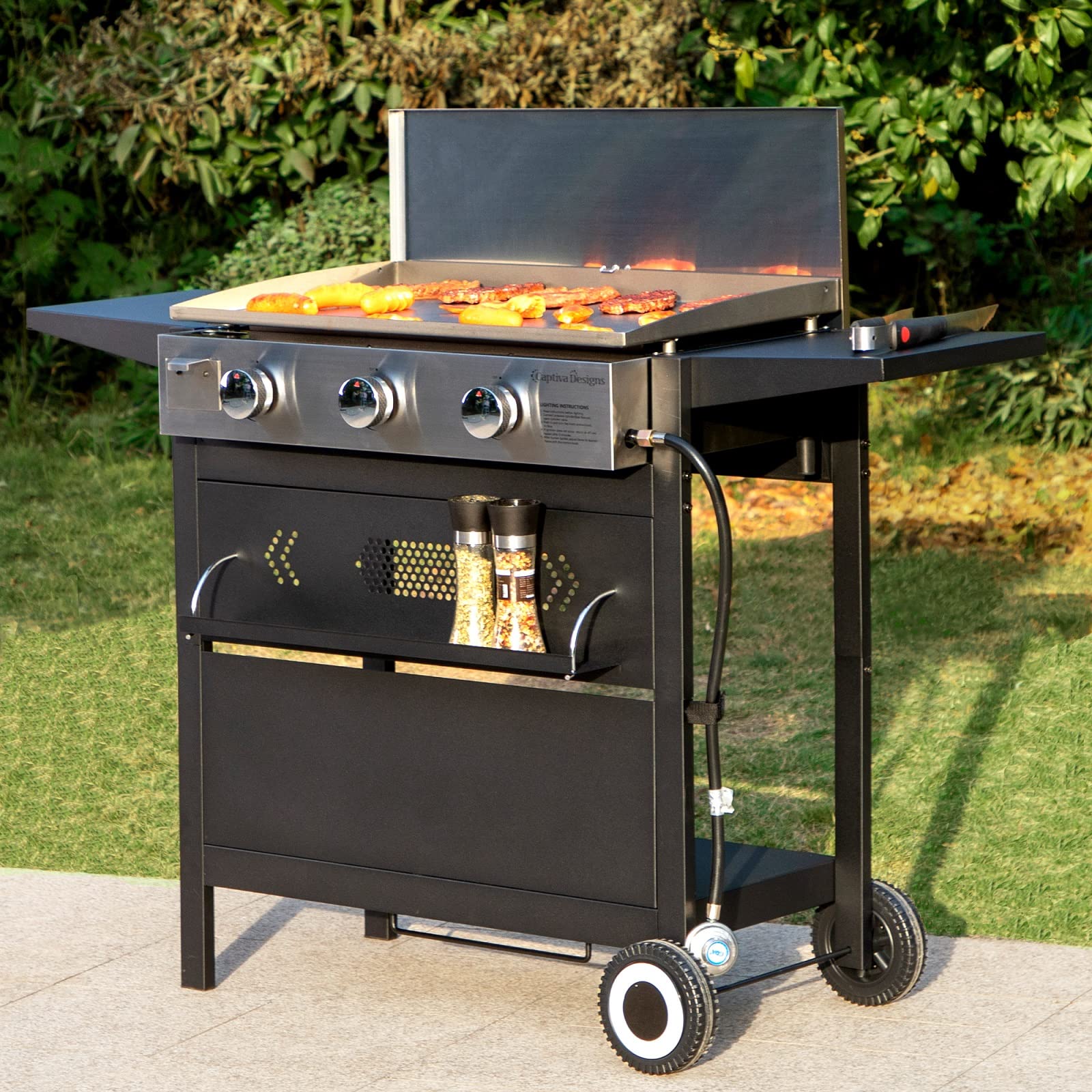 Sophia & William 3-Burner 33,000 BTU Propane Gas Griddle Grill with Lid - Flat Top Outdoor BBQ Grill, Convertible to Tabletop for Camping & Tailgating - Perfect for Backyard Cookouts, Picnics, and Outdoor Parties