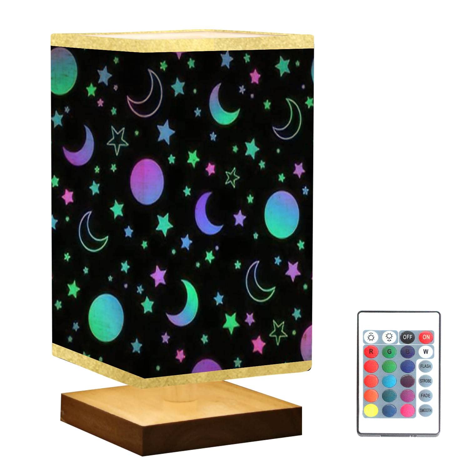 Square Dimmable Nightstand Lamp with Wooden Base & Flaxen Fabric Shade - Moon & Stars Design for Bedroom, Living Room, Office | Warm Ambient Lighting for Reading, Relaxing & Decor