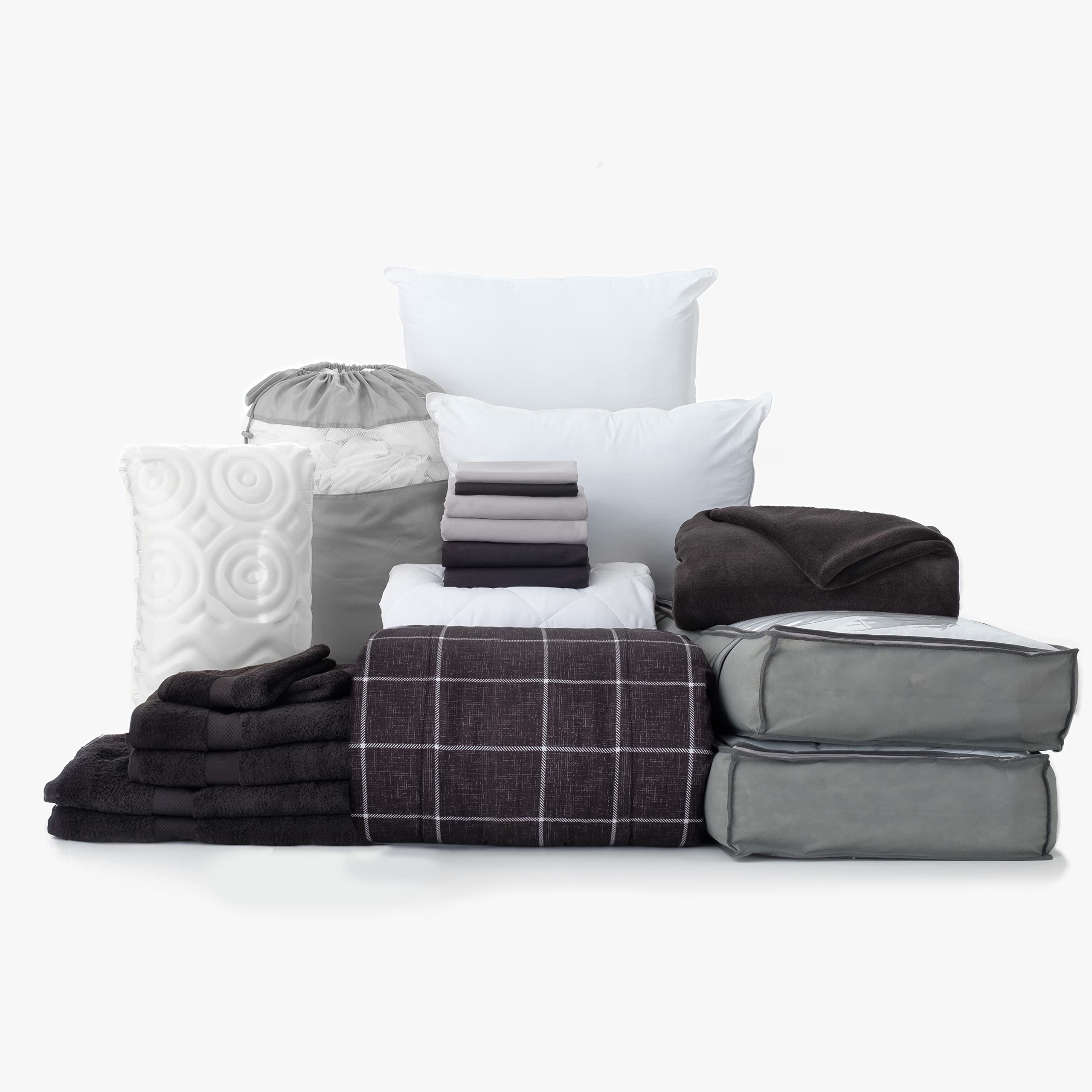OCM Complete Dorm Essentials Value Pack - 21 Piece Twin XL Bedding Set with Comforter, Sheets, Mattress Topper, Blanket, Towels & Storage | Gerard Black | Blacks & Grays | Perfect for College Dorm, Apartment or Guest Room