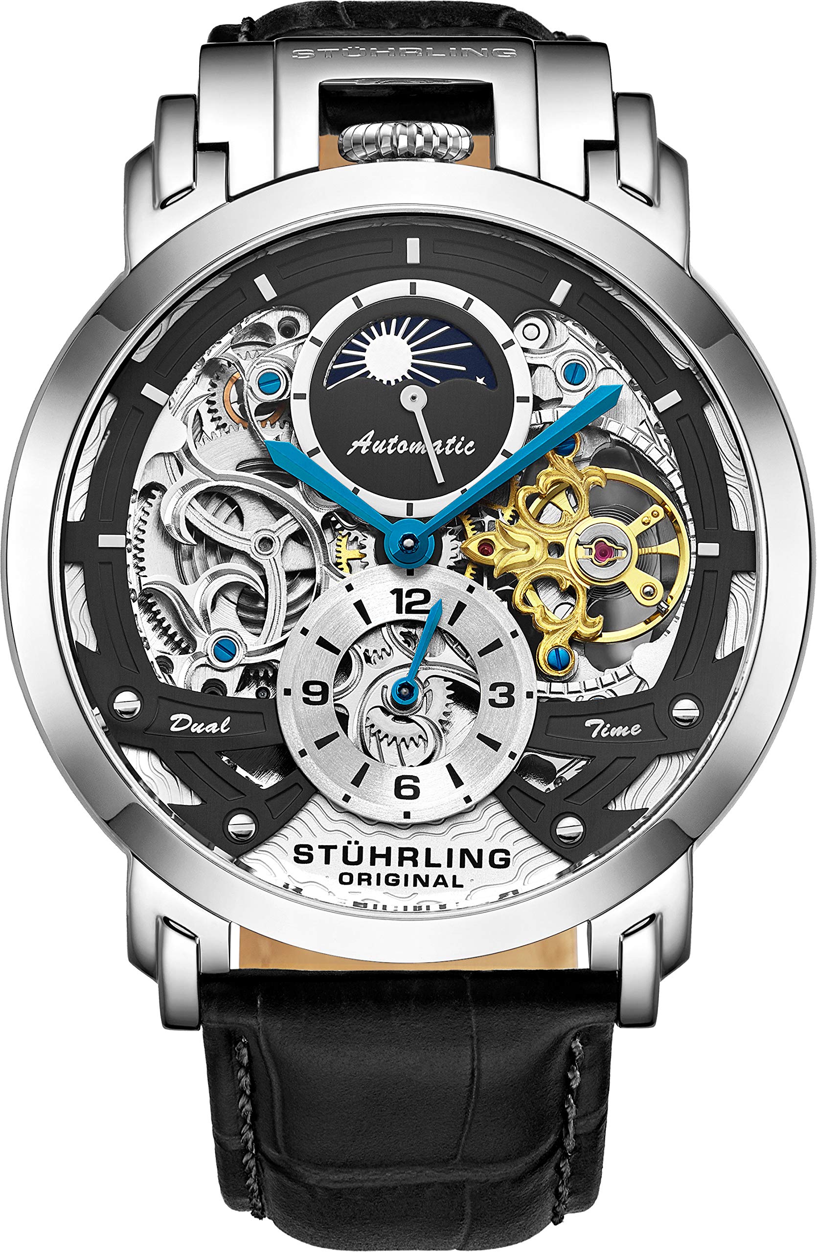 Stuhrling Original Men's Automatic Skeleton Watch - Luxury Leather Dress Watch with Stainless Steel Case - Self-Winding Mechanical Analog Watch for Men - Perfect for Business, Formal Events & Gifts