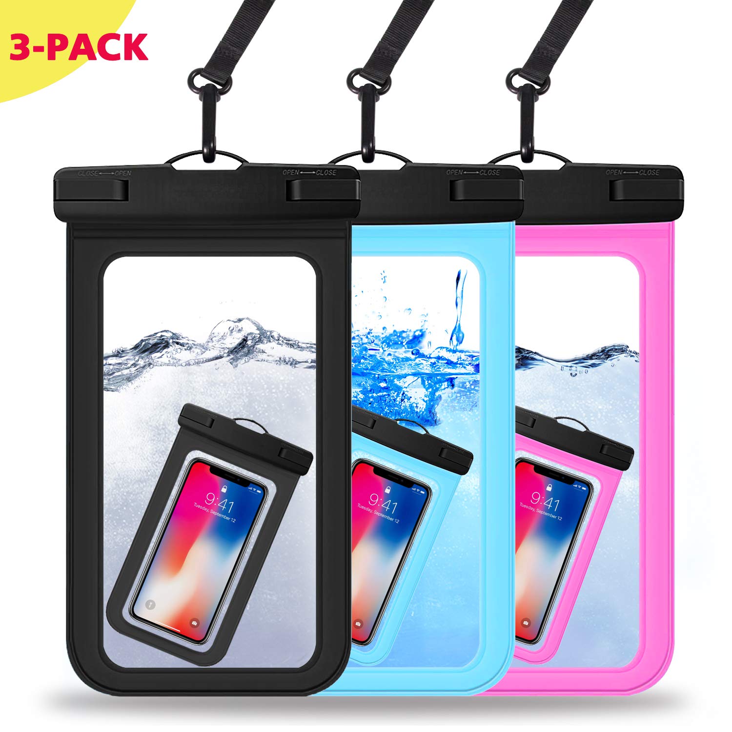 **Universal IPX8 Waterproof Phone Pouch Case [3 Pack] - Transparent Touch Screen for iPhone, Samsung, Android - Beach, Swimming, Boating, Kayaking - Keep Phone & Valuables Dry (6.5