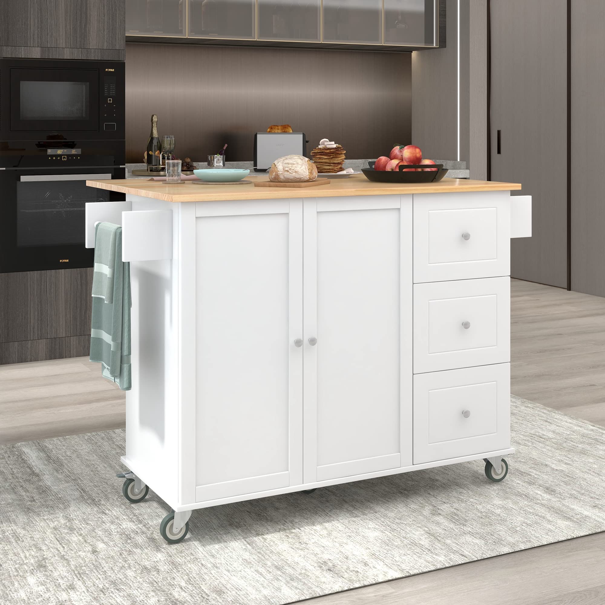 Goujxcy White Rolling Kitchen Island Cart with Drop-Leaf Tabletop - 52.7