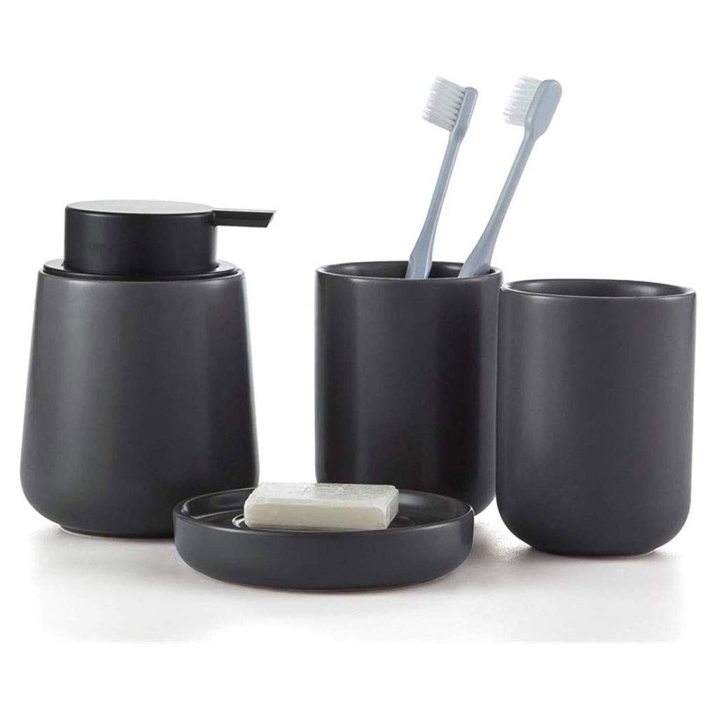 Premium Ceramic Soap Dispenser Set - Includes Lotion Bottle, Mouthwash Cup, Soap Dish & Toothbrush Holder (Black) for Bathroom Countertop Organization | Elegant Bathroom Accessories for Home, Hotel, and Spa Decor