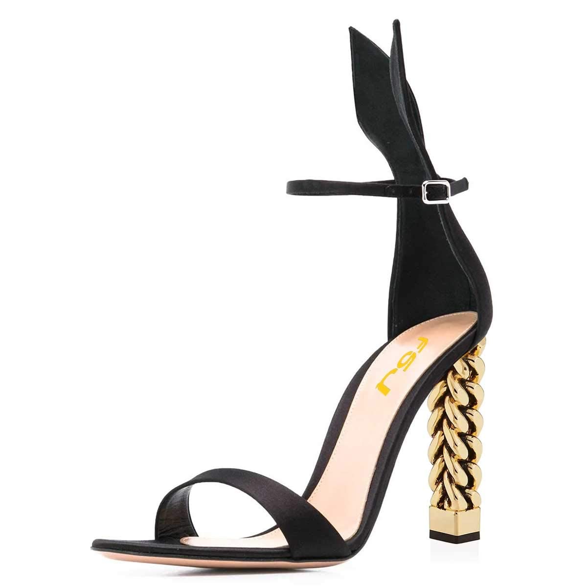 FSJ Women's Chunky High Heel Sandals with Gold Flower Metal Chain Ankle Strap - Open Toe Party Shoes for Weddings, Prom & Evening Events - US Size 4-15
