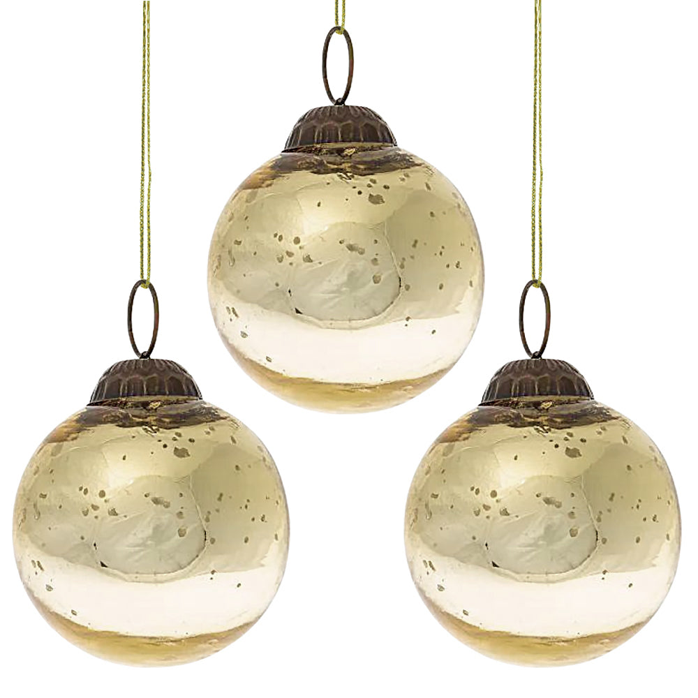 3 Pack 2.5 Inch Gold Ava Mercury Glass Ball Ornaments - Elegant Christmas Tree Decorations for Holiday Home & Party Decor