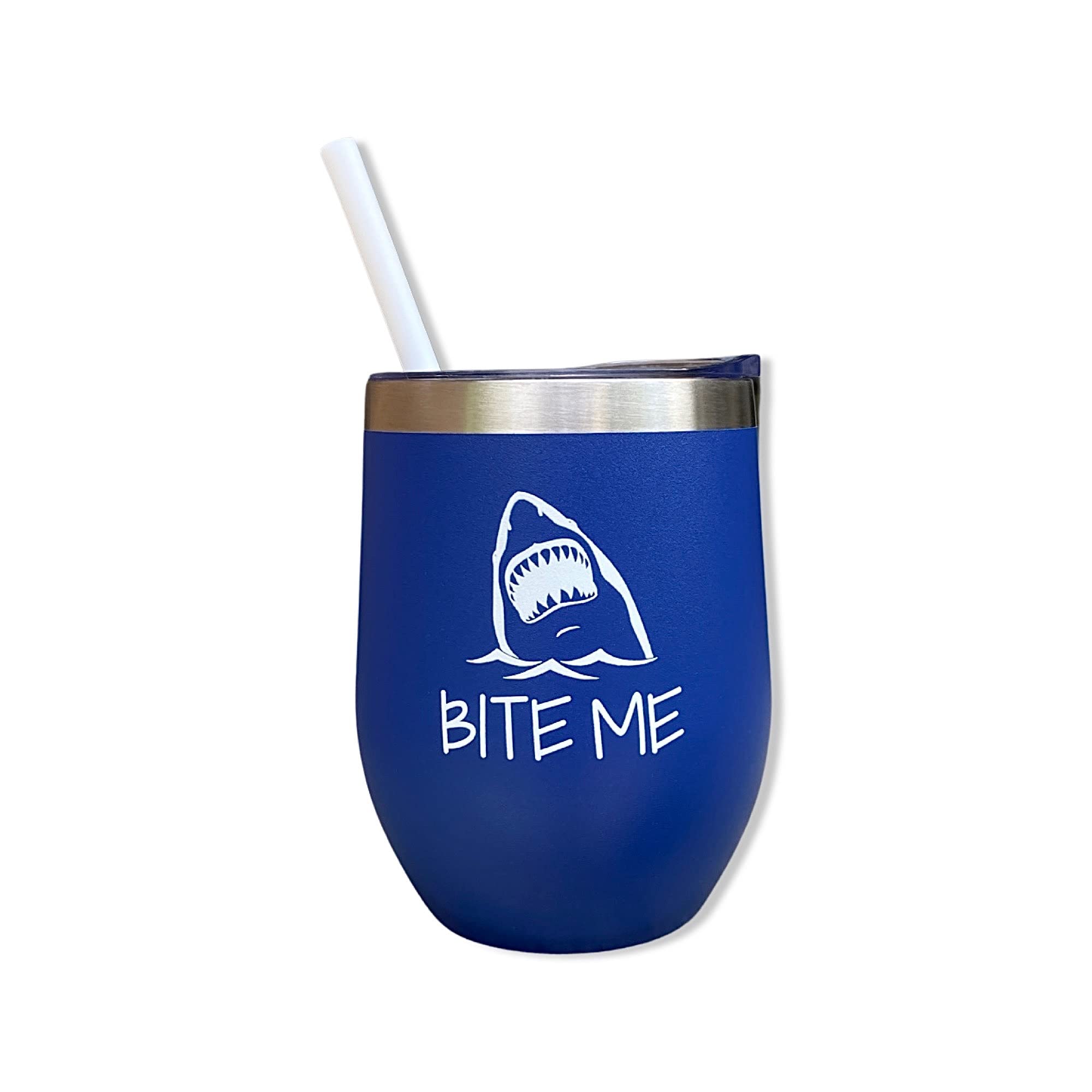 Shark Bite Me Tumbler - Funny Shark Gift for Shark Week, Shark Lover, Men & Women - Blue 12oz Wine Tumbler for Beach Parties, Outdoor Adventures & Shark Enthusiasts