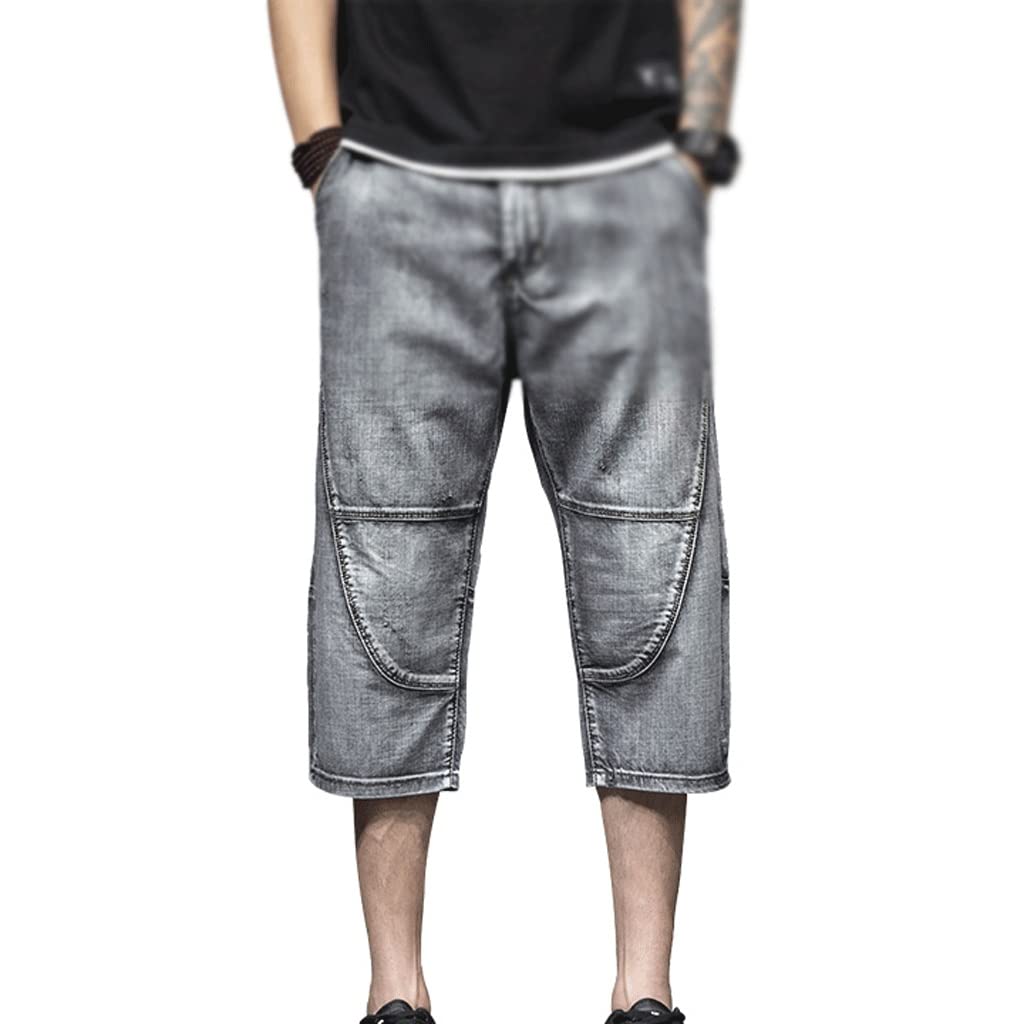 Plus Size Men's Grey Patchwork Denim Shorts - Summer Breathable Cotton Jeans for Big & Tall - Casual Streetwear Shorts (Size 34) | Perfect for Beach, Vacation & Summer Outings