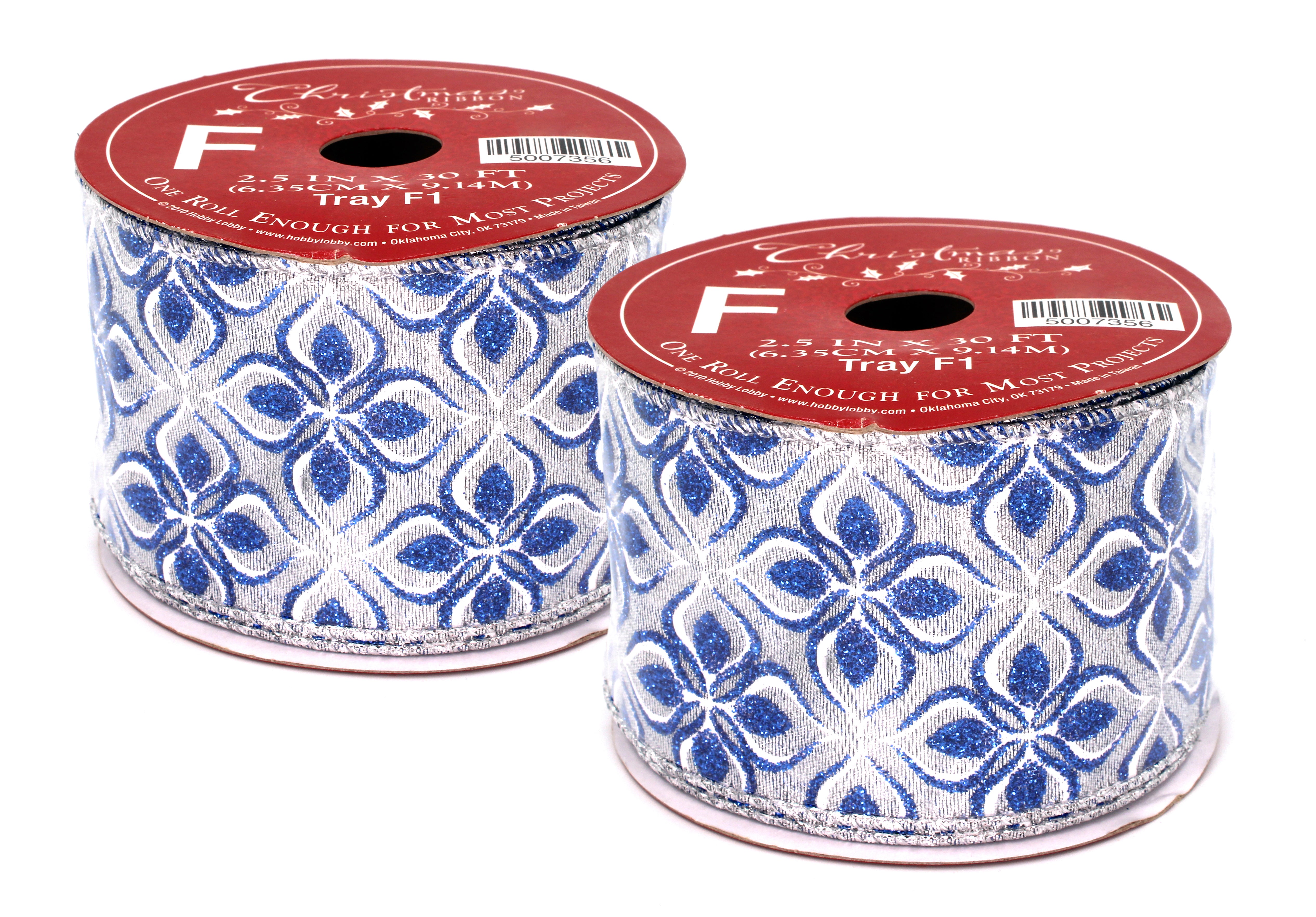 2 Pack of 30' White Ribbon with Dark Blue Petal Designs & Glitter - Perfect for Gift Wrapping, Wedding Decorations, and DIY Crafts