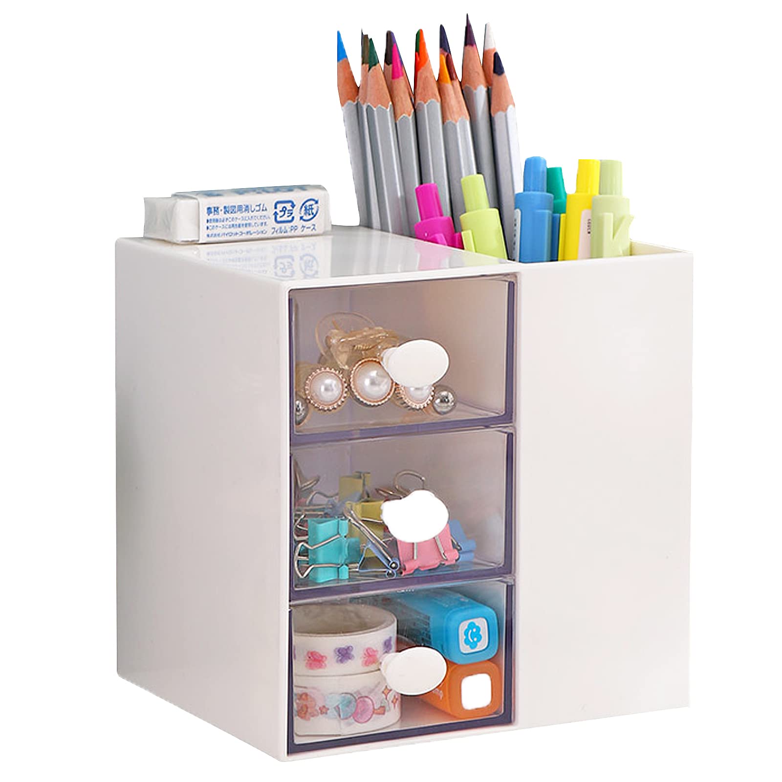 Small Desk Organizer for Women - Plastic Vanity Storage Box with Drawer, Cosmetic & Makeup Organizer for Office, School, Home Use - White | Perfect for Desk, Bathroom Counter, Dressing Table & Workspace Organization