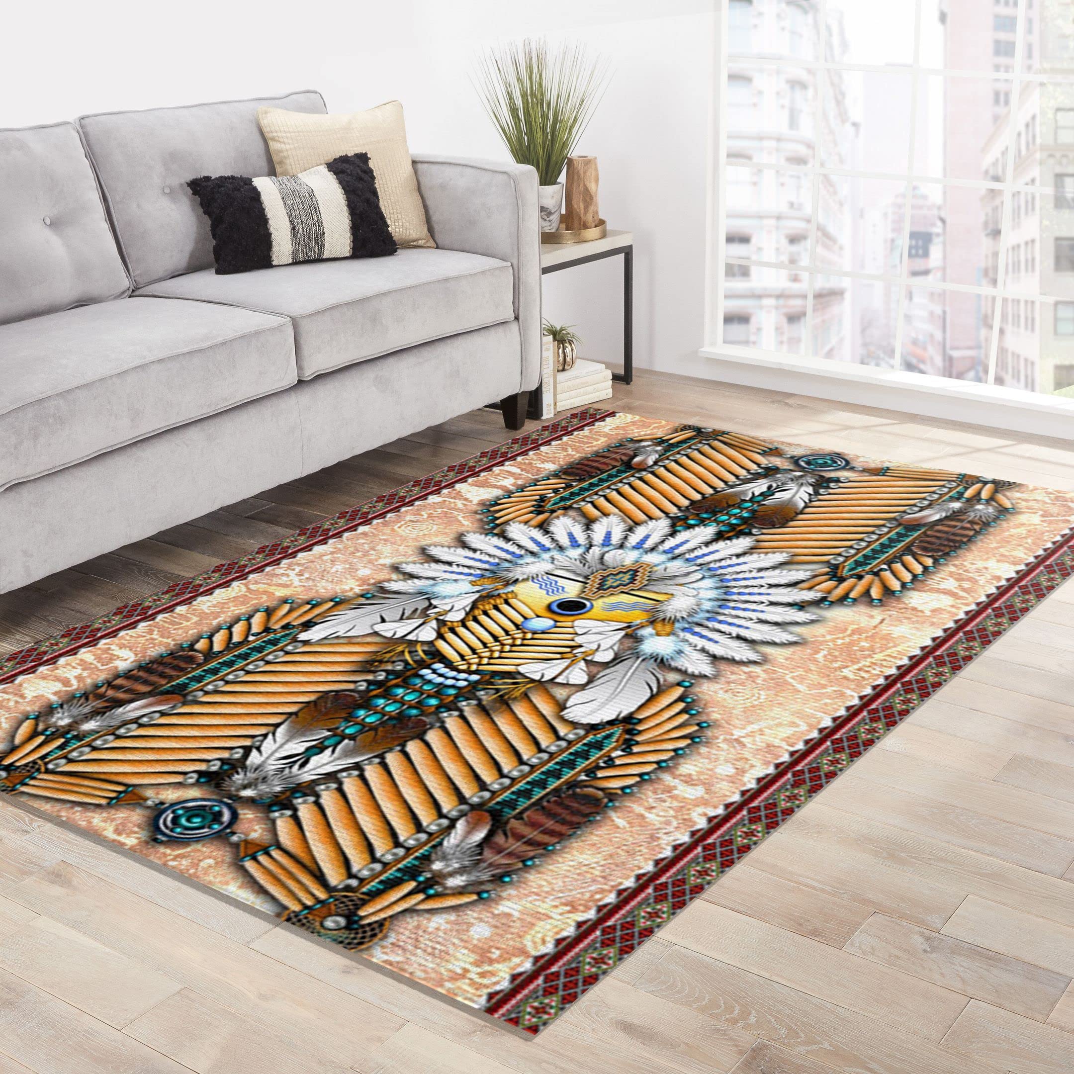 Native American Wolf Mandala Area Rug 5x7 ft - Southwest Tribal Geometric Seamless Pattern Rug for Living Room, Bedroom & Office Decor - Modern Ethnic Home Accent Rug