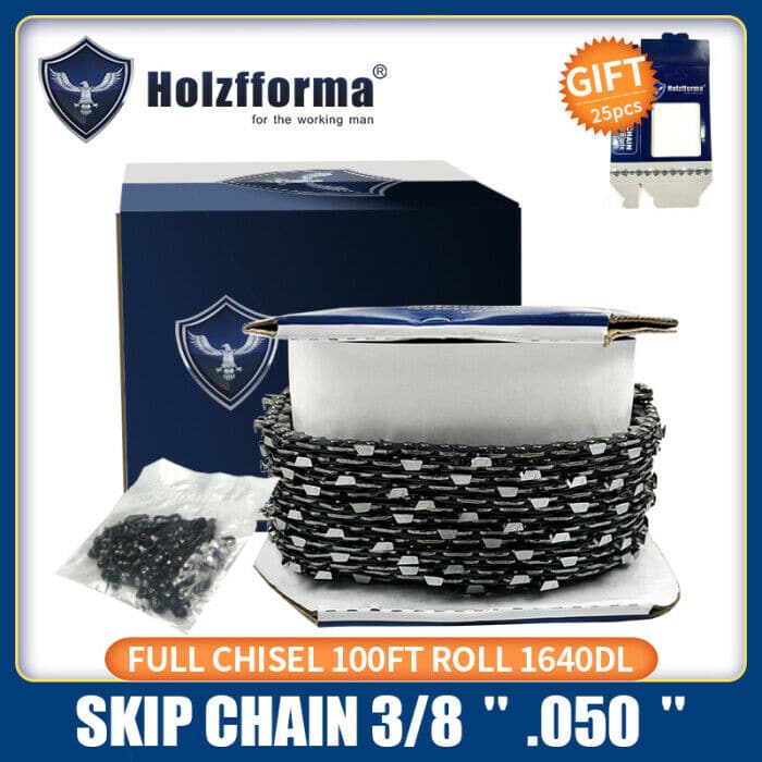 Holzfforma® 100FT Roll 3/8” .050'' Full Chisel Skip Saw Chain - 40 Sets Match - Compatible with Stihl, Husqvarna, Echo Chainsaws - Ideal for Professional Logging, Tree Cutting & Firewood Processing