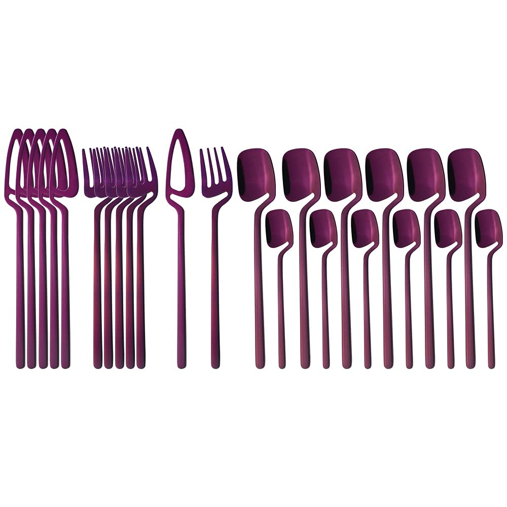 24-Piece Stainless Steel Silverware Flatware Set - Knife, Fork & Spoon Cutlery for Dining, Kitchen & Bar Use | Durable Dinnerware Tableware in Elegant Purple