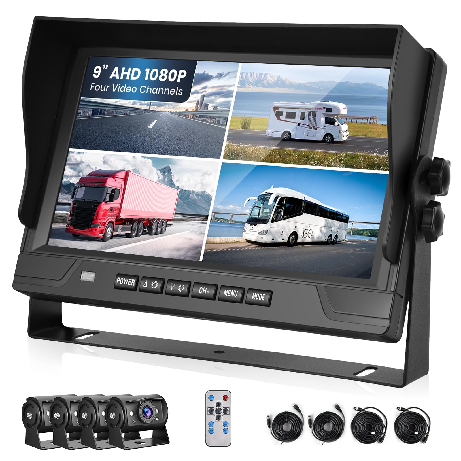 4 Channel RV Backup Camera System with 9 Inch HD 1080P IPS Monitor - Quad Split Screen, IR Night Vision, Waterproof Rear View Camera Kit for Van, Bus, Semi Truck, Box Truck, Trailer & Motorhome - Perfect for Parking, Reversing & Night Driving Safety