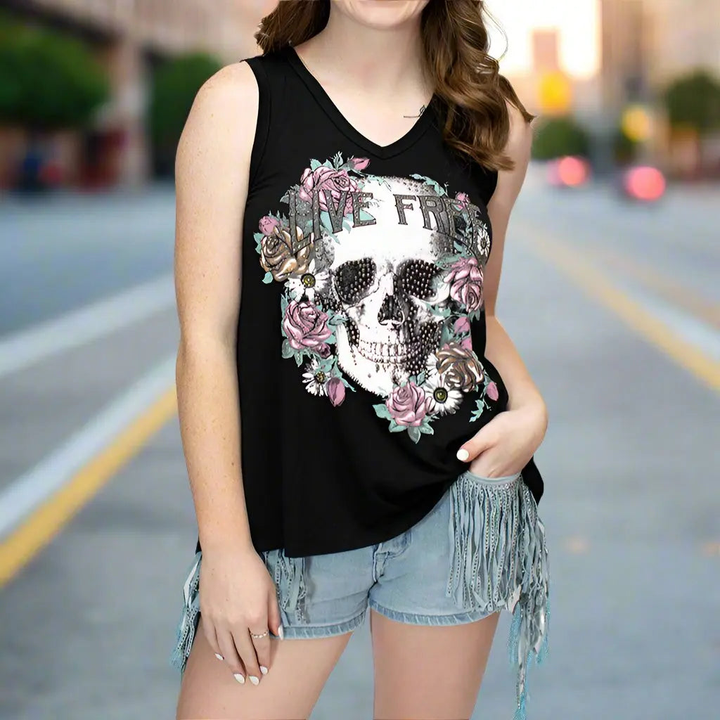 Live Free Skull & Floral Print Tank Top with Lace Trim and Cut Out Back - Gothic Boho Style for Women, Perfect for Music Festivals, Concerts, and Night Outfits