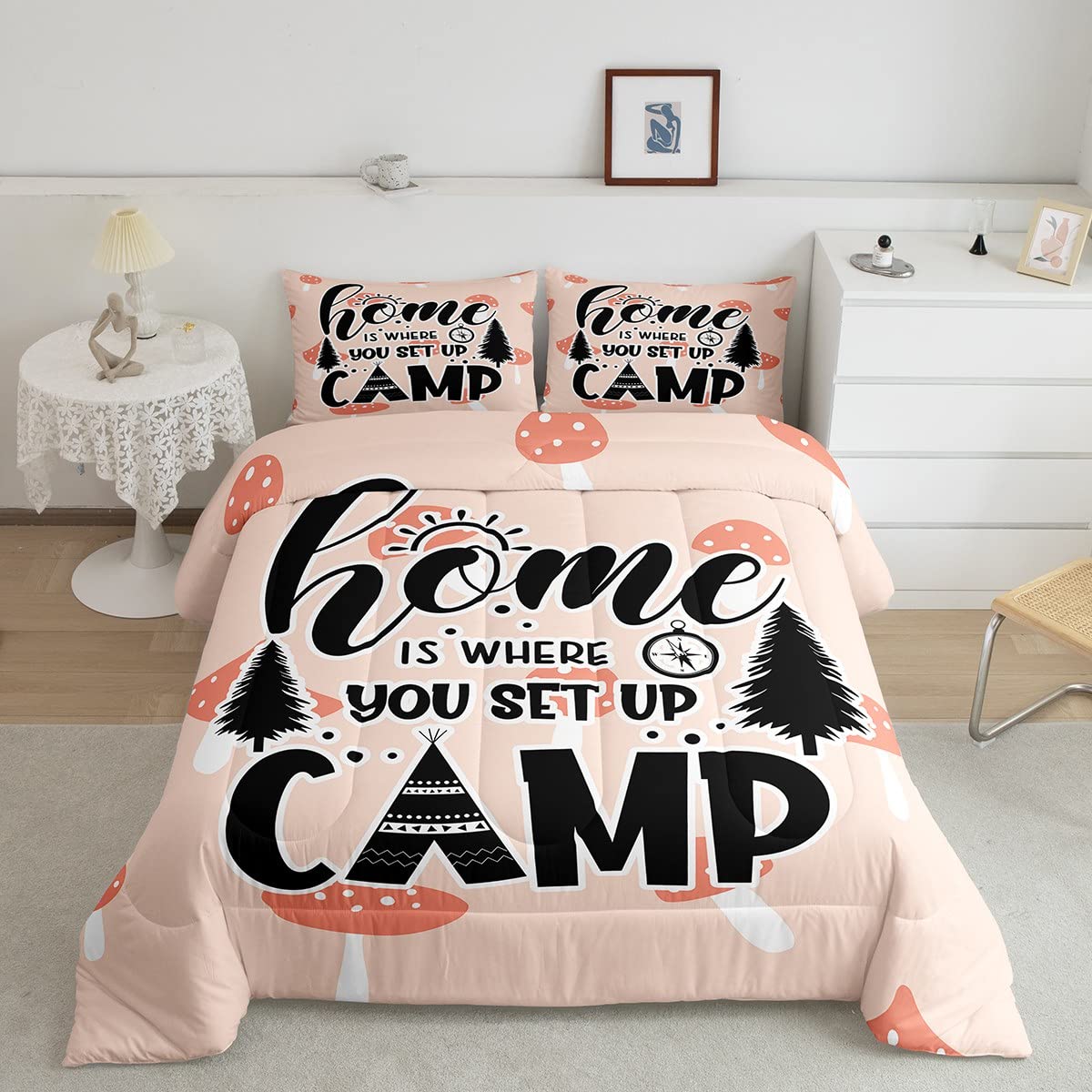 Kids Mushroom Camper Comforter Set - Ultra Soft Microfiber Twin Bedding for Boys & Girls, Rustic Boho Camping Decor - Pink Quilted Bedroom Comforter with Inner Fill | Perfect for Camping Trips, Kids' Rooms & Cozy Cabin Retreats