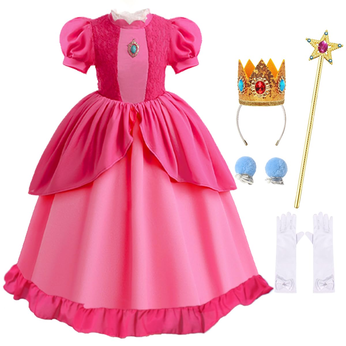 Princess Peach Costume Dress for Girls - Kids Cosplay Pink Outfit with Gloves & Crown - Halloween, Birthday Party, Dress Up & Role Play - Nintendo Super Mario Inspired Costume for Girls Ages 4-10