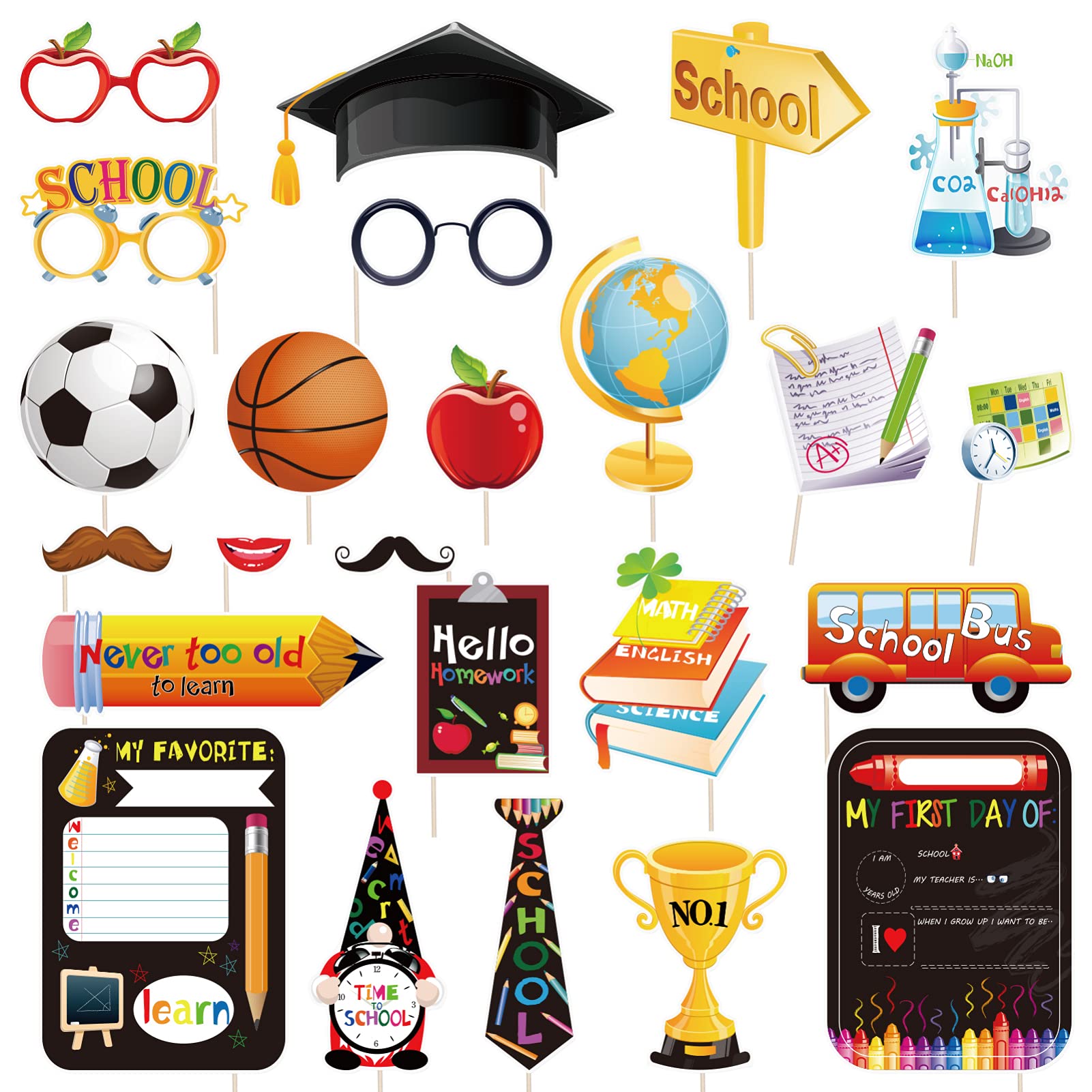 Amosfun 24PCS First Day of School Photo Booth Props Kit - Pre-Assembled Back to School Party Supplies for Classroom Decorations, Kindergarten Graduation & Yearbook Pictures