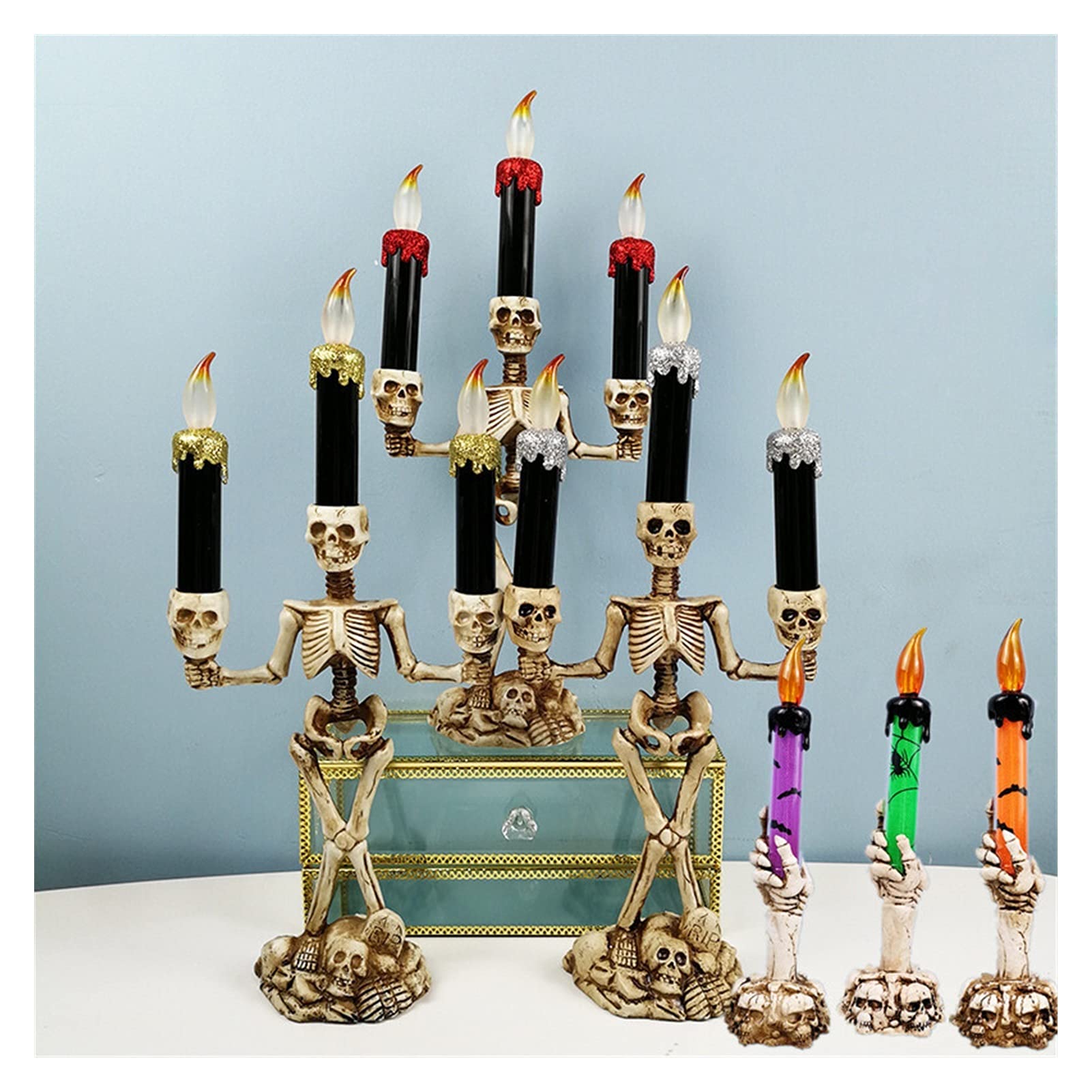 Flameless Halloween Candles with Skull Candle Holder - LED Table Centerpiece for Halloween Party Decor, Skeleton & Ghost Hand Design - Perfect for Spooky Home Decor, Haunted House Parties & Pumpkin Carving Nights