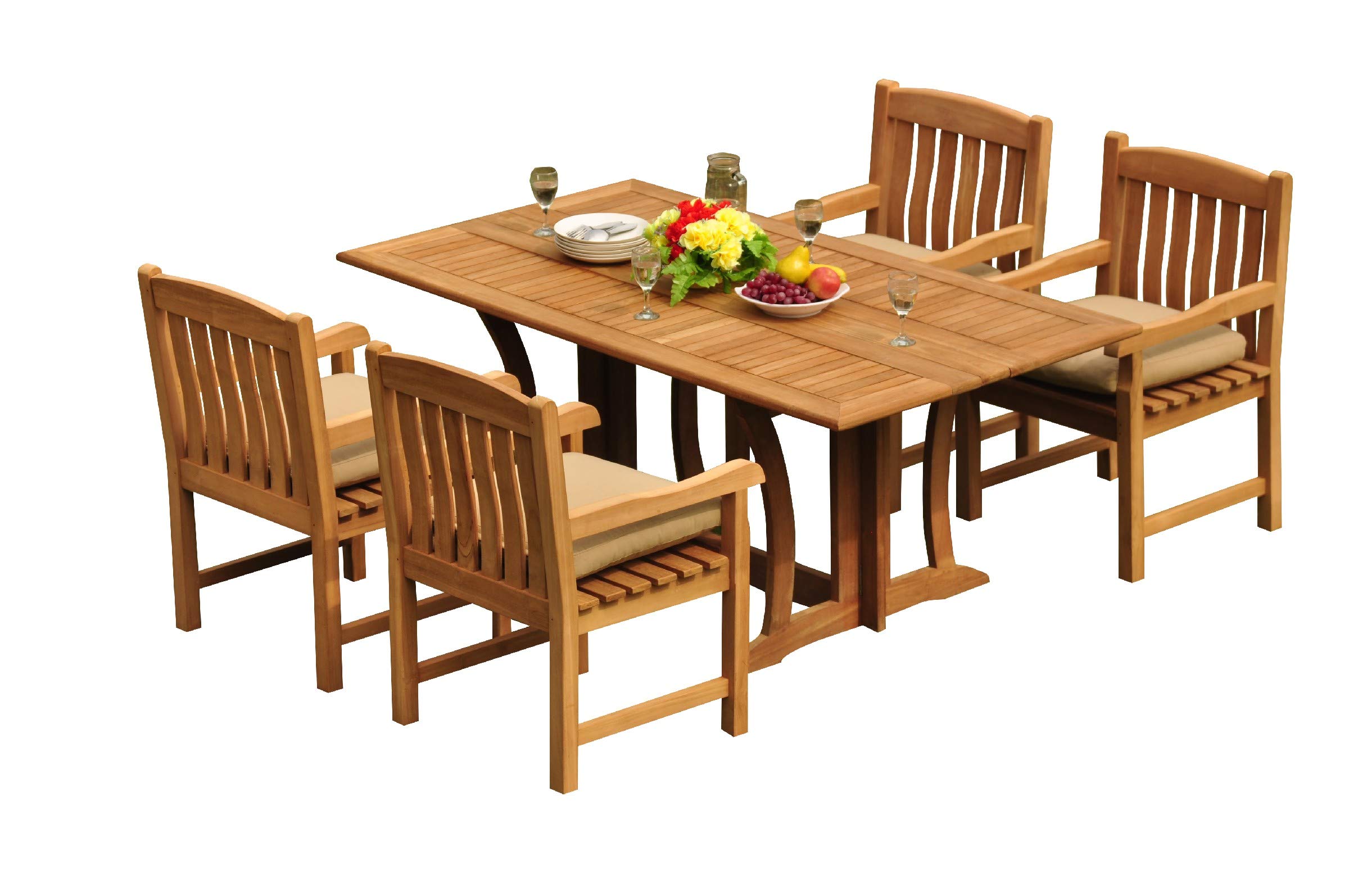Premium 4-Seater Teak Wood Dining Set - 5-Piece Warwick Folding Rectangle Table & 4 Devon Arm Chairs (Model #31DV0805) | Outdoor Patio Furniture for Garden, Backyard & Poolside Dining