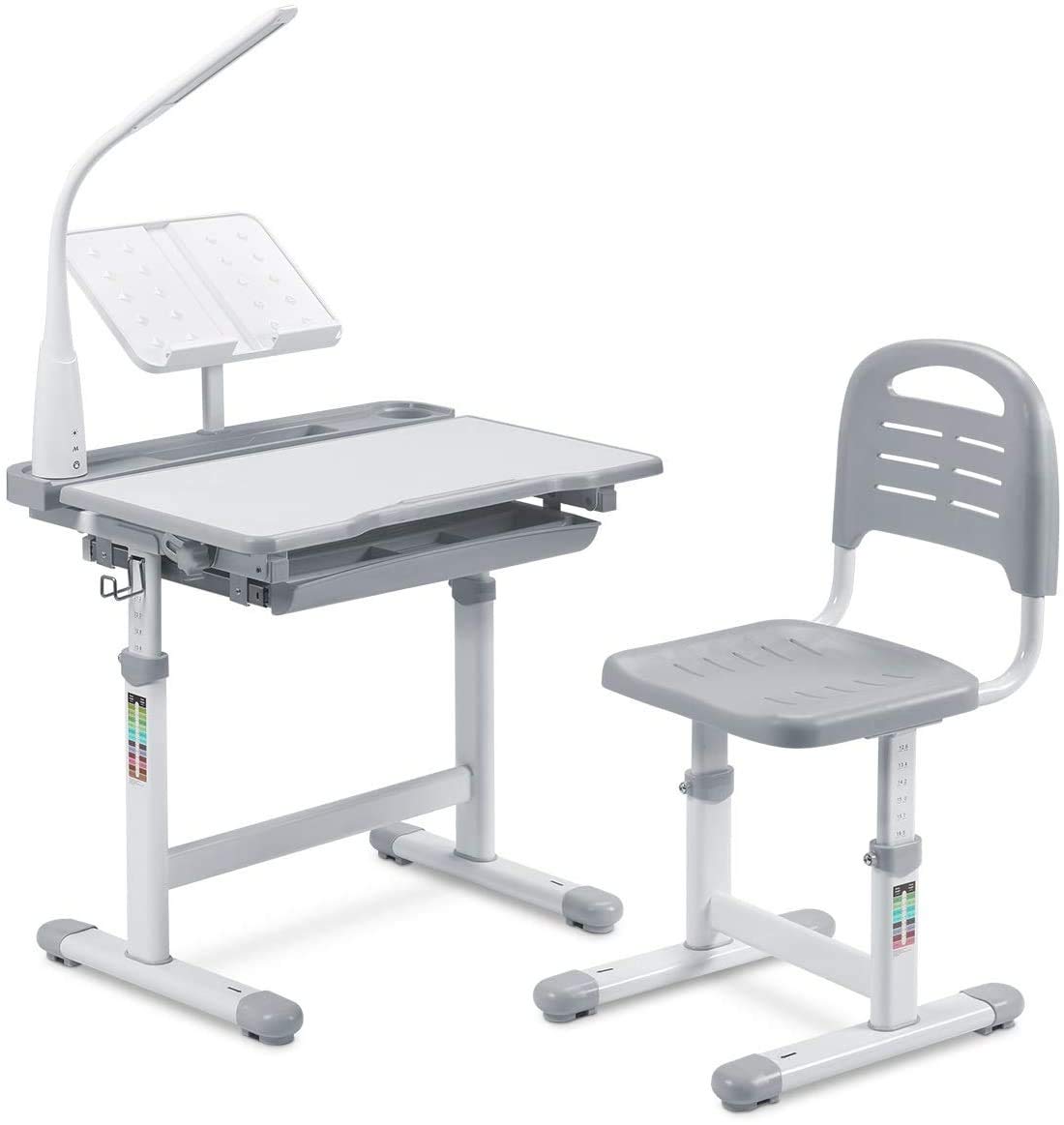 Adjustable Kids Desk and Chair Set with LED Light & Storage - Sturdy Study Table for Children, Tilt Desktop, Drawer, Pencil Case & Metal Hook - Perfect for Homeschooling & Online Learning