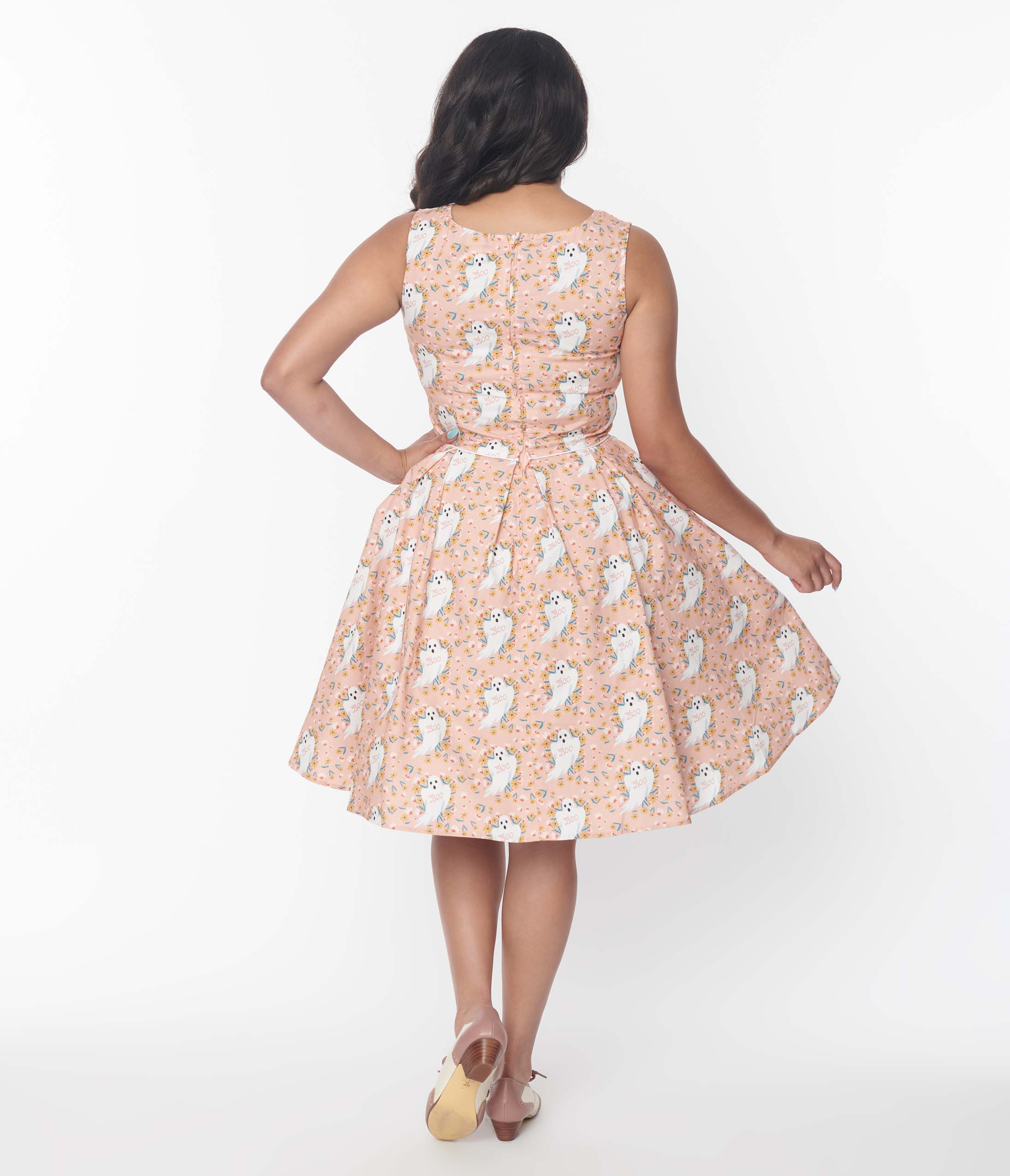 Vintage Pink & Ghost Print Elizabeth Swing Dress - 1950s Retro Rockabilly Style for Women | Perfect for Halloween, Costume Parties & Pin-Up Fashion