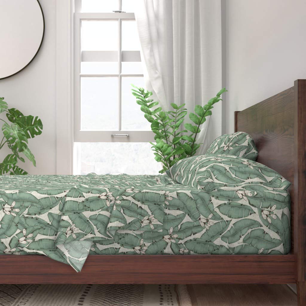 100% Cotton Twin Sheet Set - 3pc Tropical Jungle Leaves Green Summer Beach Plant Tree Leaf Print Custom Bedding | Soft Breathable Bed Sheets for Guest Room, Vacation Home & Dorm Decor