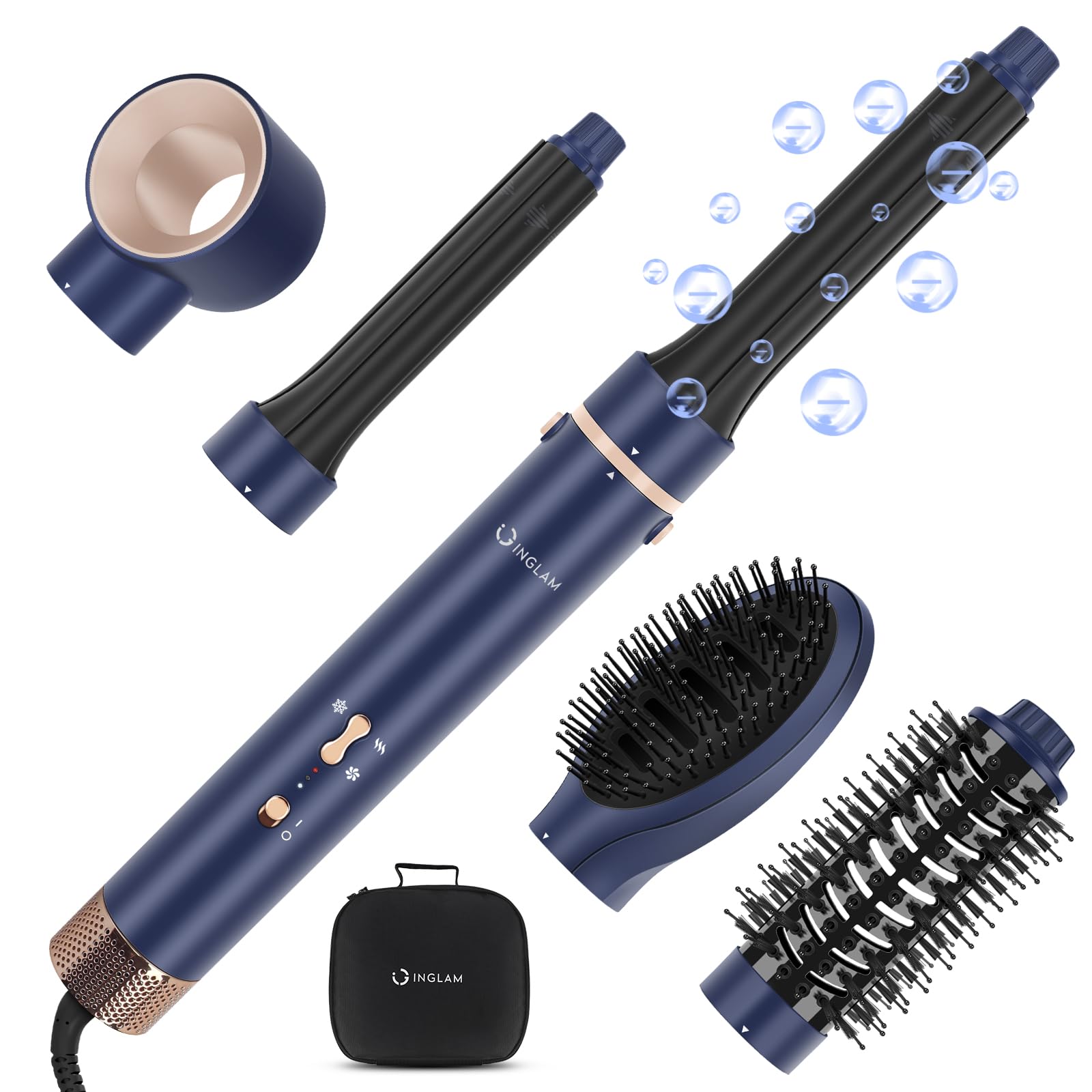 IG INGLAM Pro 5-in-1 MegaAIR Blow Dryer Brush with 28MM Auto Curling Iron | 110,000 RPM Brushless Motor Hair Dryer | Negative Ion Technology for Frizz-Free Styling | Prussian Blue | Perfect for Salon-Quality Blowouts at Home