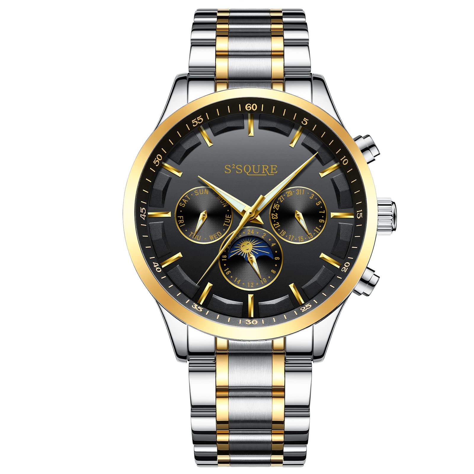 S2SQURE Men's Luxury Skeleton Automatic Mechanical Watch with Moon Phase, Stainless Steel Strap, Self-Winding, Luminous, Waterproof - Perfect for Business, Formal Events, and Gift Giving