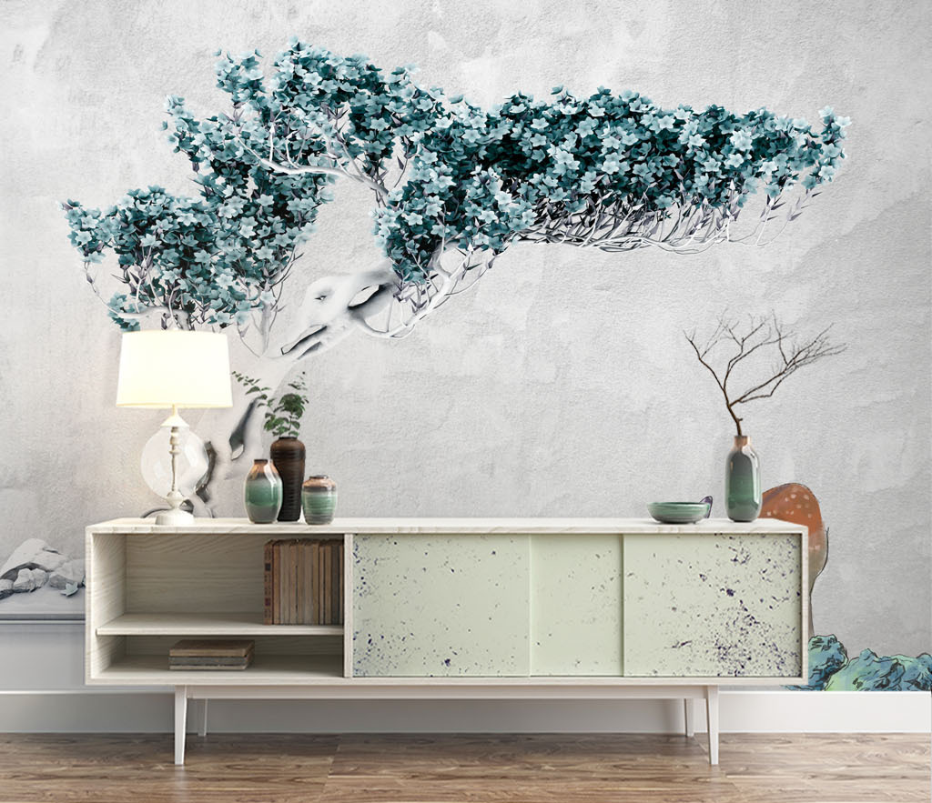 Turquoise 3D Tree Wallpaper Murals - Exquisite Peel & Stick Wall Designs for Living Room, Bedroom & Nursery Decor