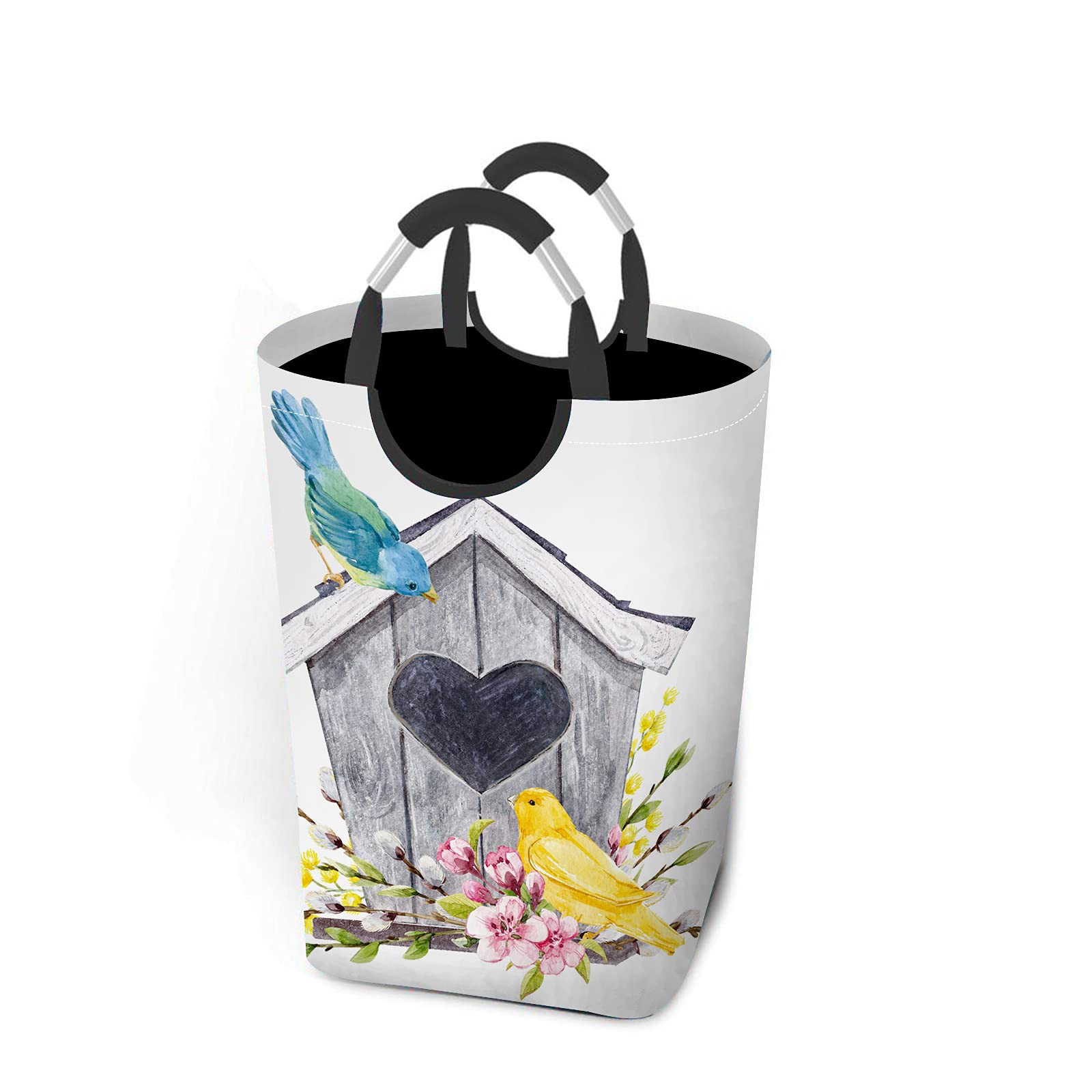 Beabes Canary Floral Birdhouse Laundry Hamper - Foldable Washing Bin with Aluminum Handle, Cherry Blossom & Willow Branch Design - Perfect for Bathroom, Dorm, Closet Storage & Bird Nest Decor (Square Shape)
