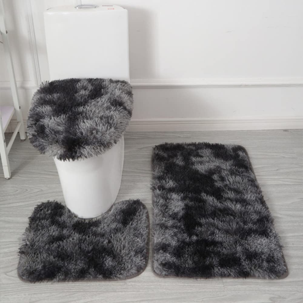 3-Piece Tie-Dye Bathroom Rug Set - Non-Slip U-Shaped Toilet Mat & Lid Cover - Water Absorbent Soft Microfiber - Black Bathroom Decor for Modern Homes (Perfect for Bath, Shower & Vanity Areas)