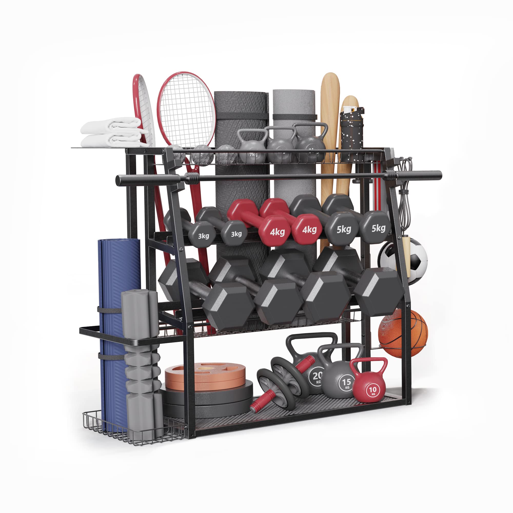 Merapi 3-Tier Heavy Duty Steel Dumbbell Weight Rack - Home Gym Storage Stand for Dumbbells, Kettlebells & Yoga Mats - Space-Saving Fitness Equipment for Garage, Basement & Home Workout Rooms (Black)