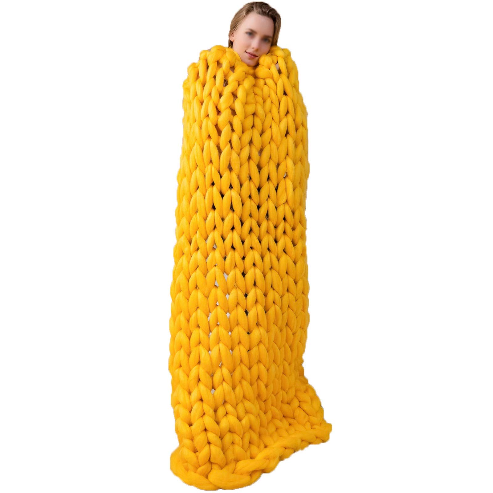 Premium Chunky Knit Weighted Blanket - Queen Size 180x200cm (71x79in) - Fluffy Handmade Heavy Blanket for Bed, Sofa & Travel - Cozy Home Decor & Perfect Christmas Gift - Yellow - Ideal for Stress Relief, Anxiety Comfort & Better Sleep