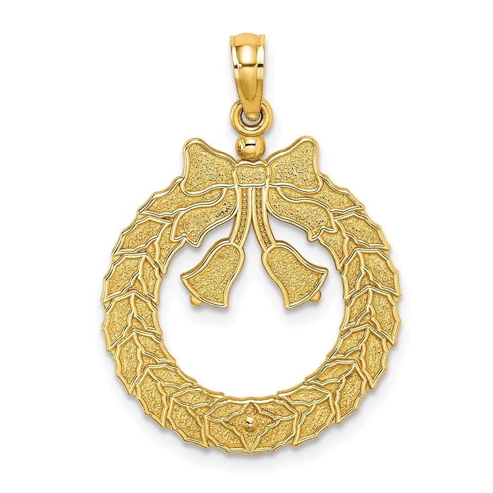 14K Yellow Gold Christmas Wreath Charm Pendant for Women - Elegant Satin & Polished Finish Jewelry - Perfect for Holiday Gifts, Christmas Party Accessories & Year-Round Layering Necklaces