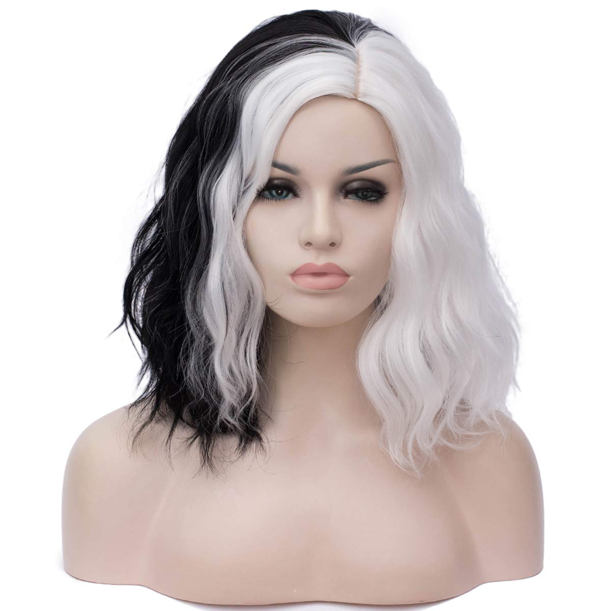 Stylish Black and White Cruella De Vil Wig for Women - Short Curly Wavy Costume Hairpiece | Soft & Comfortable for Halloween, Cosplay, Themed Parties & Dress-Up Events