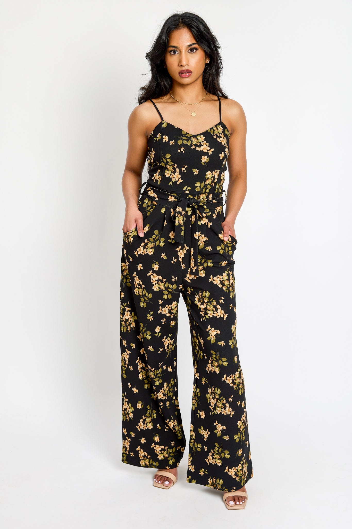 Floral Sleeveless Jumpsuit for Women with Adjustable Tie Belt - Summer Beach Wedding Party Outfit