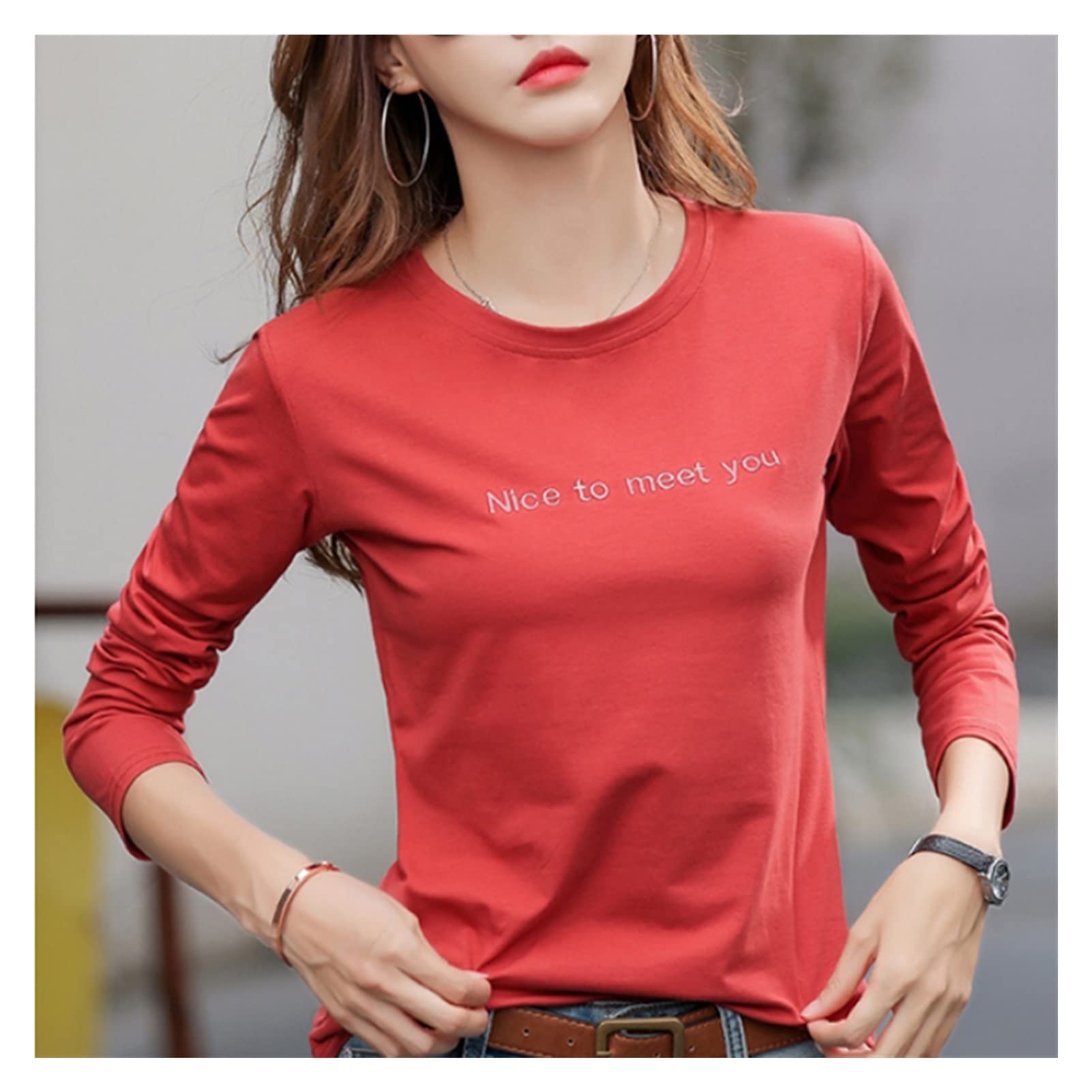 PDGJG Women's Long Sleeve Cotton T-Shirt with Letter Embroidery - Casual Crew Neck Top (Red, Size S) - Perfect for Everyday Wear, Office & Weekend Outfits