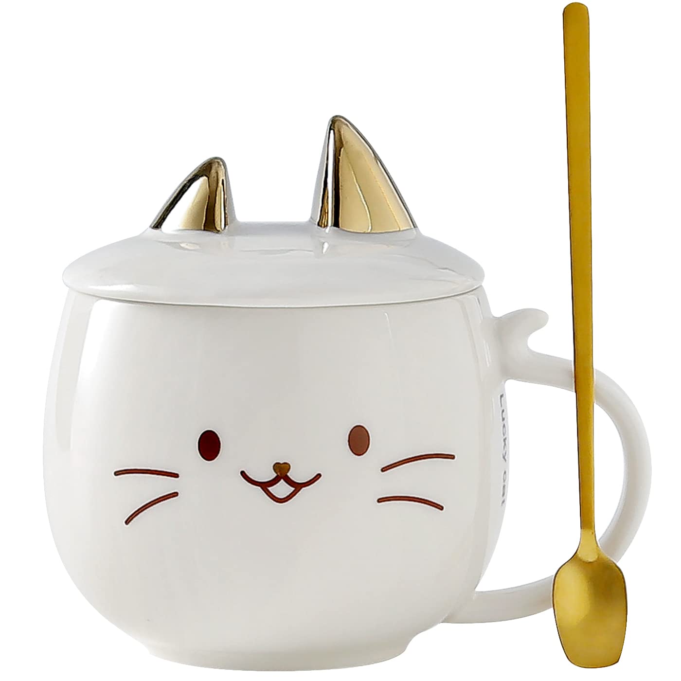 Cute Cat Ceramic Coffee Mug with Spoon & Phone Holder - Novelty Gift for Cat Lovers, Women, Girls, Mom - Perfect for Christmas, Valentine's Day, Birthday - Ideal for Home, Office, Coffee Break (White)