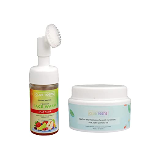 CLUB TEENS Vegan Fruit Punch Foaming Face Wash & Face Cream Combo for Teens (Ages 10-18) | Organic, Paraben & Sulfate Free with Natural Fruit Extracts | Daily Skincare Routine for Clear, Healthy Skin