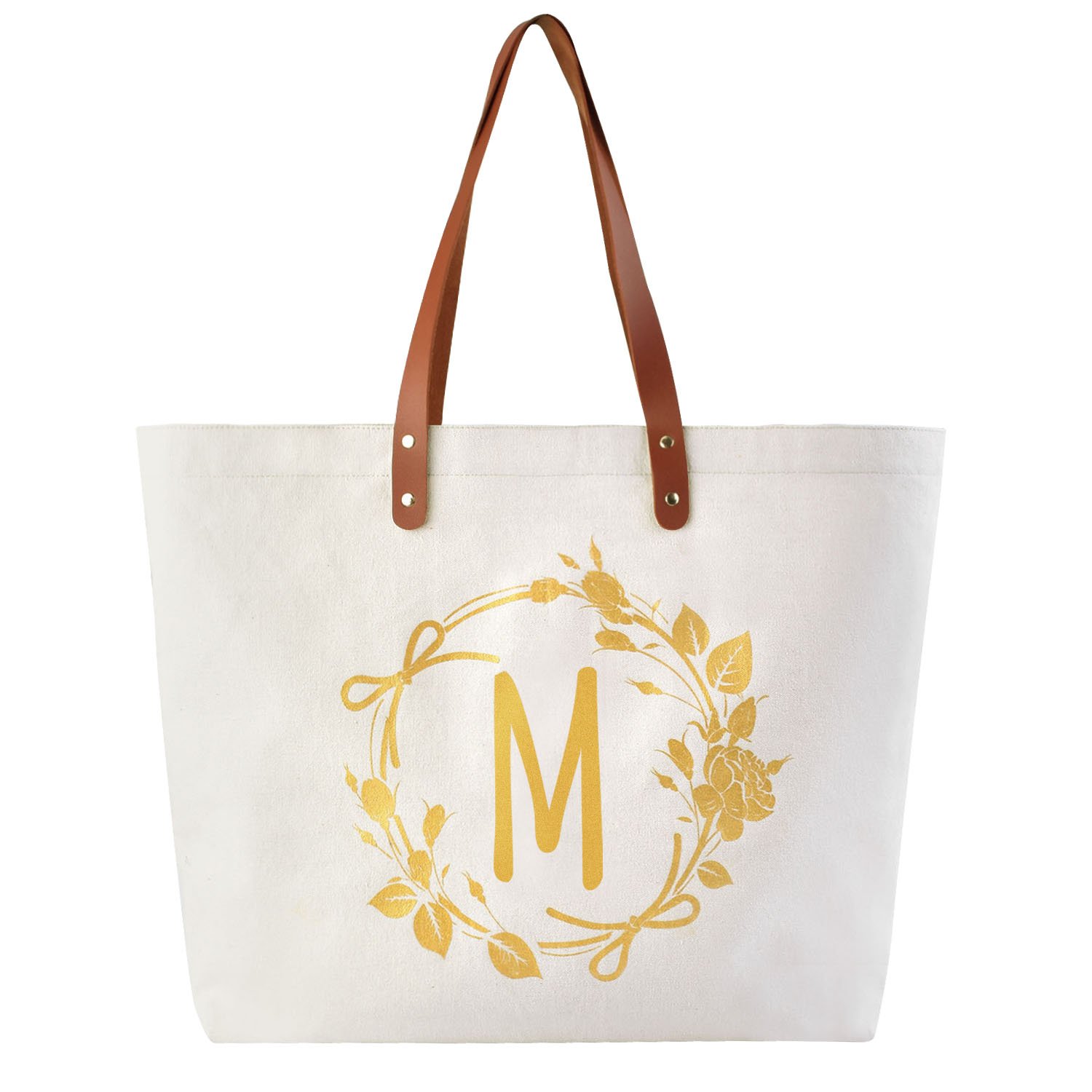 ELEGANTPARK Personalized Monogrammed Canvas Tote Bag for Women - Custom M Letter Design with Pocket (Ivory) | Perfect Birthday Gift for Mom, Teacher, Bridesmaid & Friends | Great for Shopping, Work & Daily Use