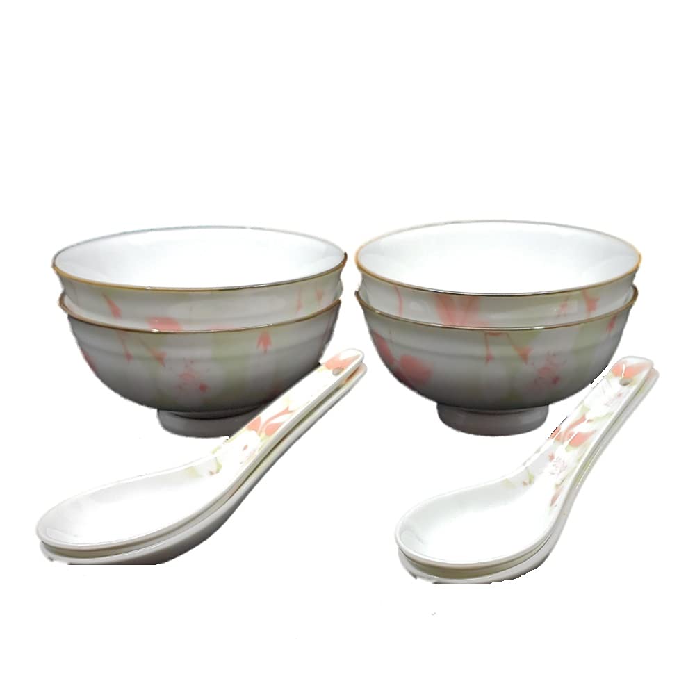 4-Piece Small Porcelain Bowl Set with Matching Spoons - Floral Design Soup, Dessert, Rice Bowls for Dining, Gifts & Home Decor