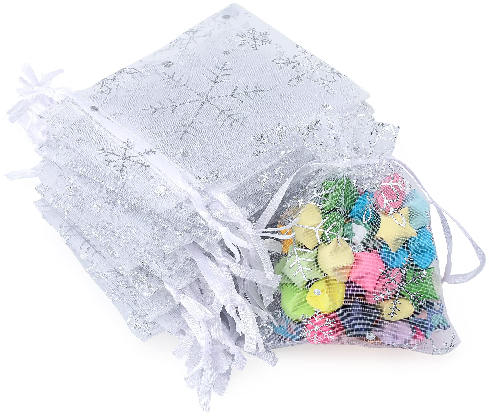 100PCS White Christmas Organza Gift Bags 3x4 inch - Small Snowflake Drawstring Favor Bags for Holiday Party Favors, Wedding, Jewelry Packaging & DIY Crafts - Perfect for Christmas Gifts, Winter Celebrations & Party Decorations