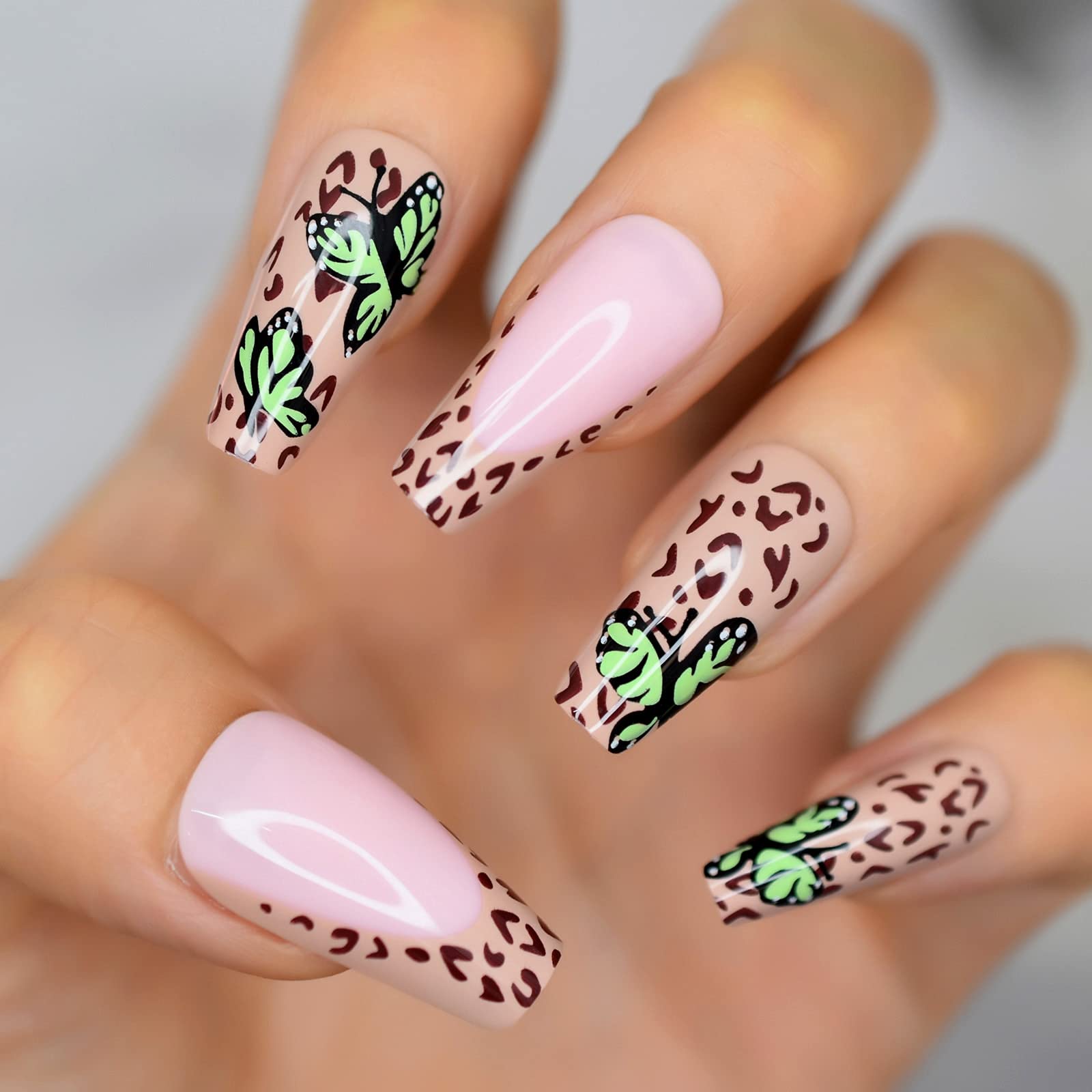 Trendy Green Butterfly French Press False Nails - Glossy Brown Leopard & Pink Ballerina Coffin Fake Nails | Long Lasting Press-On Nails for Parties, Weddings & Special Occasions