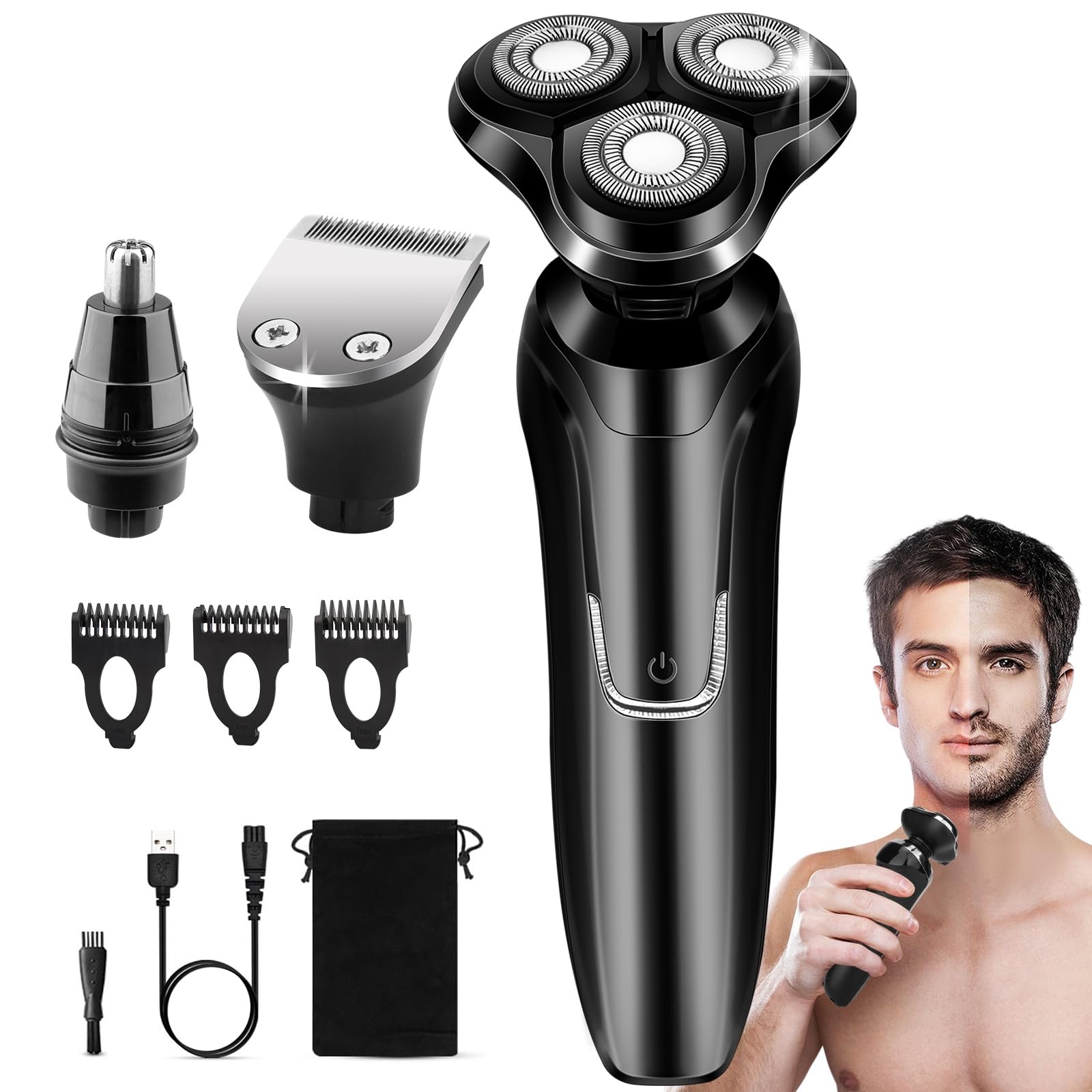 Premium Electric Razor for Men - Waterproof Rechargeable Rotary Shaver with Floating Head & Replaceable Blades | Cordless Travel Shaver for Smooth Shaving | Perfect Gift for Dad, Husband, Boyfriend | Home, Office & Travel Use