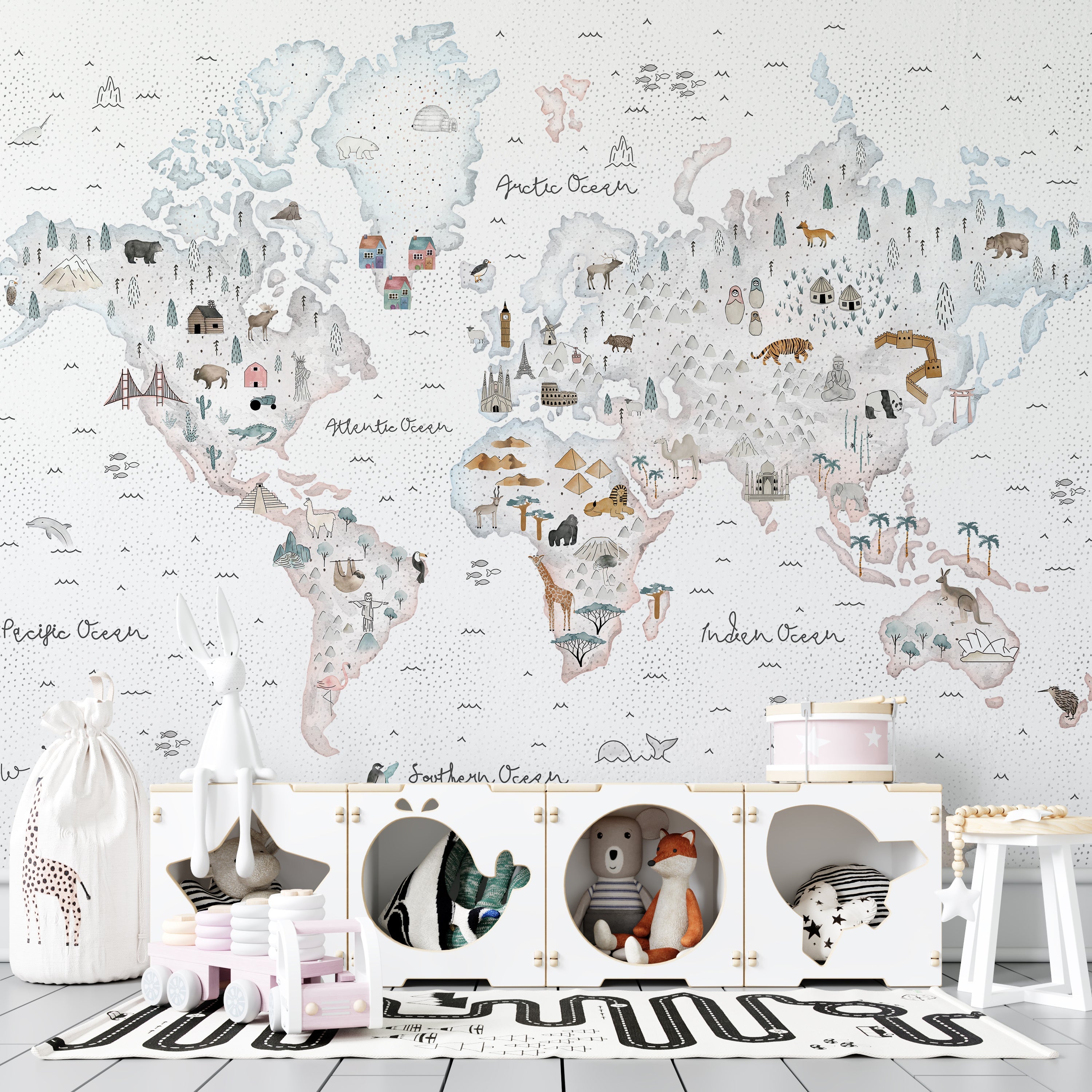 World Map Wallpaper Mural for Kids Room - White Themed Educational Decor | Perfect for Nursery, Classroom & Playroom Learning Spaces